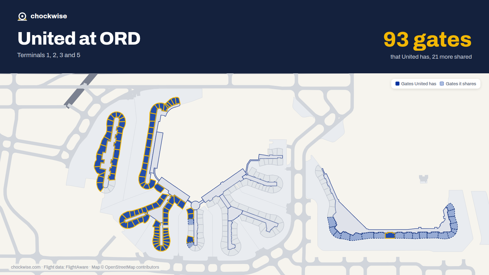 Map of ORD with the gates United Airlines uses highlighted: B1, E1, F1, B2, E2, G2, B3, E3 and 82 more.