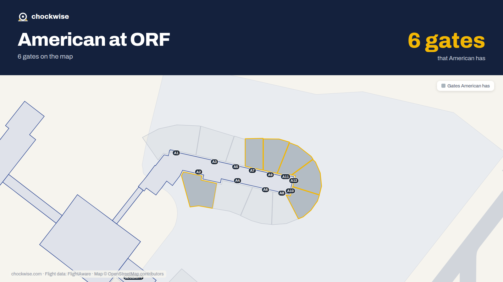 Map of ORF with the gates American Airlines uses highlighted: A2, A7, A9, A10, A11 and A12.