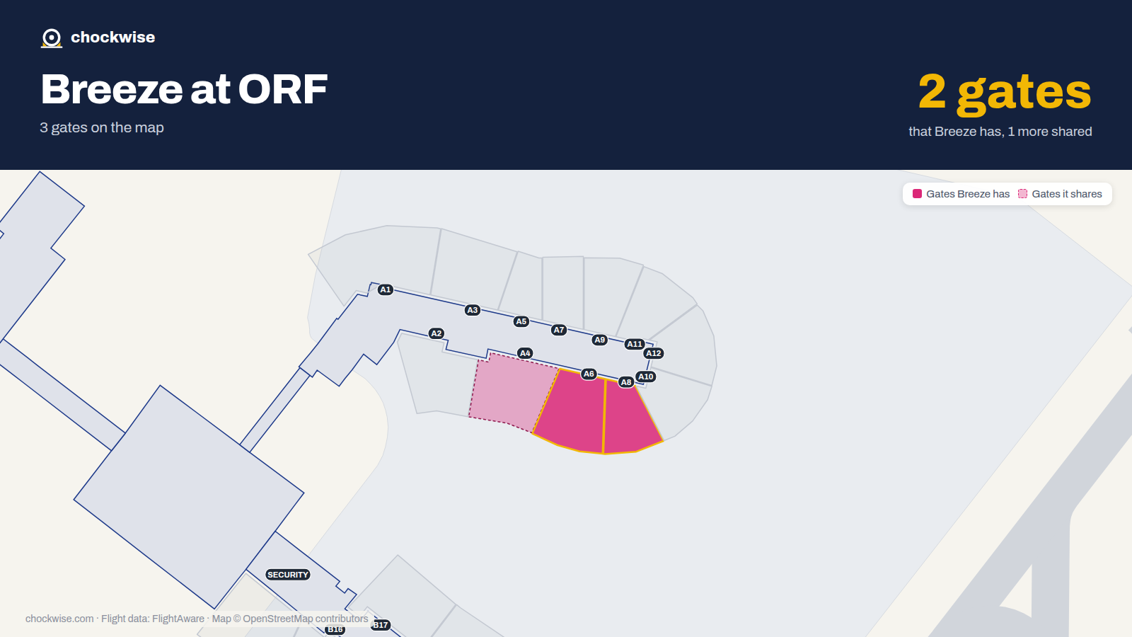 Map of ORF with the gates Breeze Airways uses highlighted: A6 and A8.