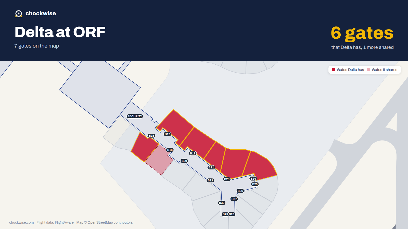Map of ORF with the gates Delta Air Lines uses highlighted: B16, B17, B19, B21, B23 and B24.