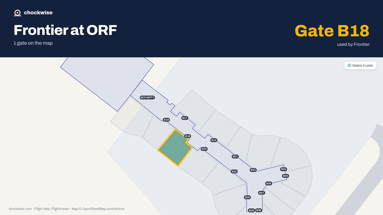 Map of ORF with the gates Frontier Airlines uses highlighted: B18.