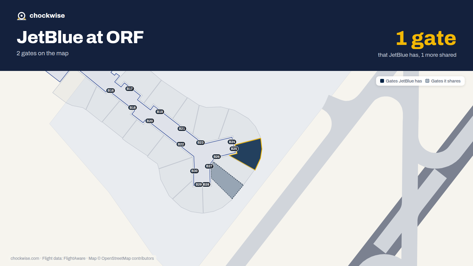 Map of ORF with the gates JetBlue uses highlighted: B25.