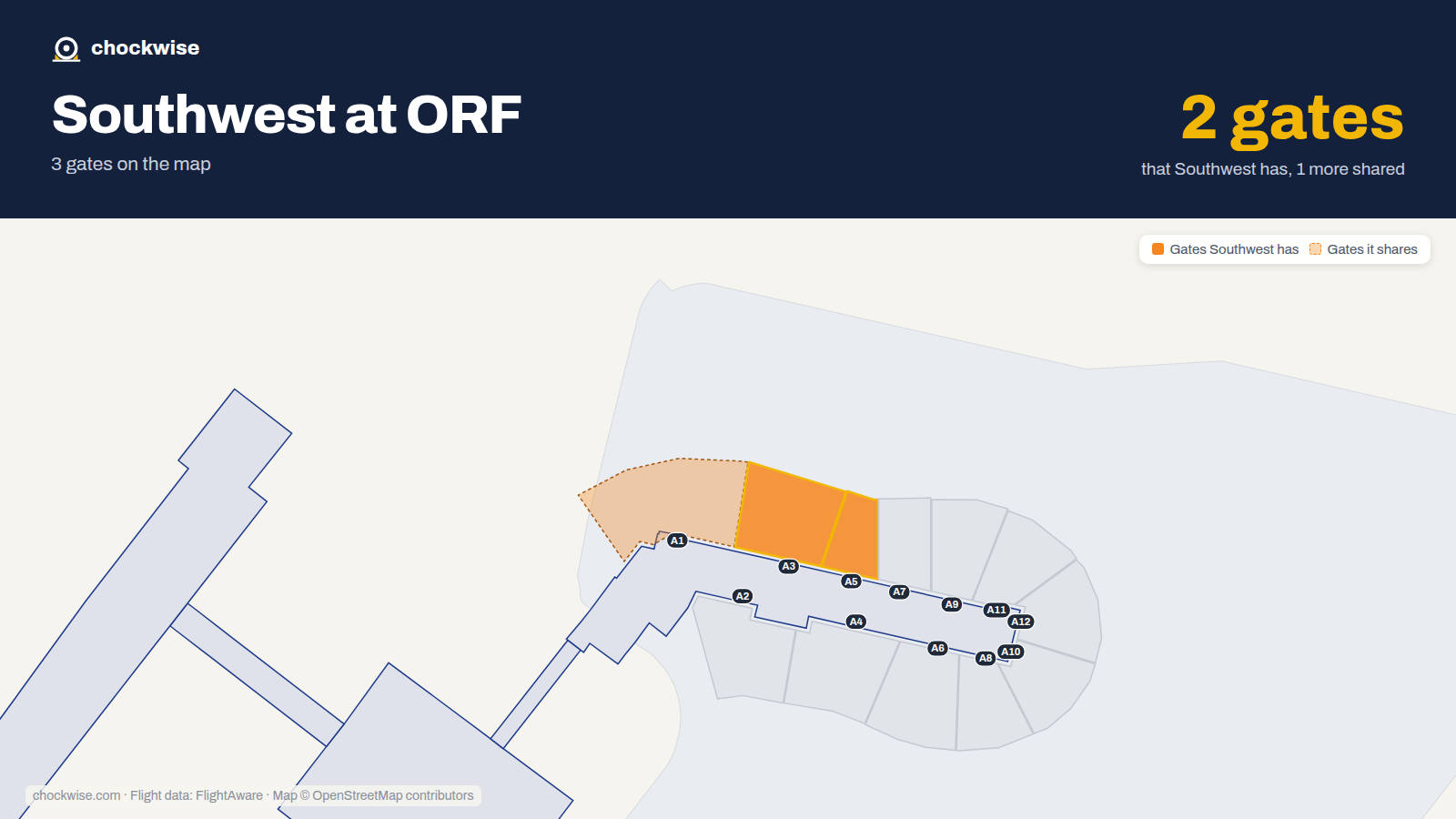 Map of ORF with the gates Southwest Airlines uses highlighted: A3 and A5.
