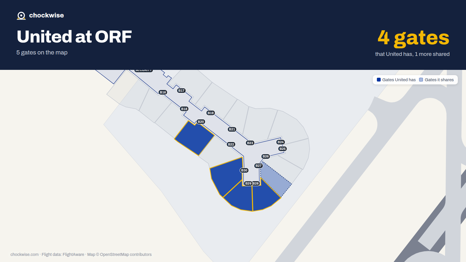 Map of ORF with the gates United Airlines uses highlighted: B20, B28, B29 and B30.