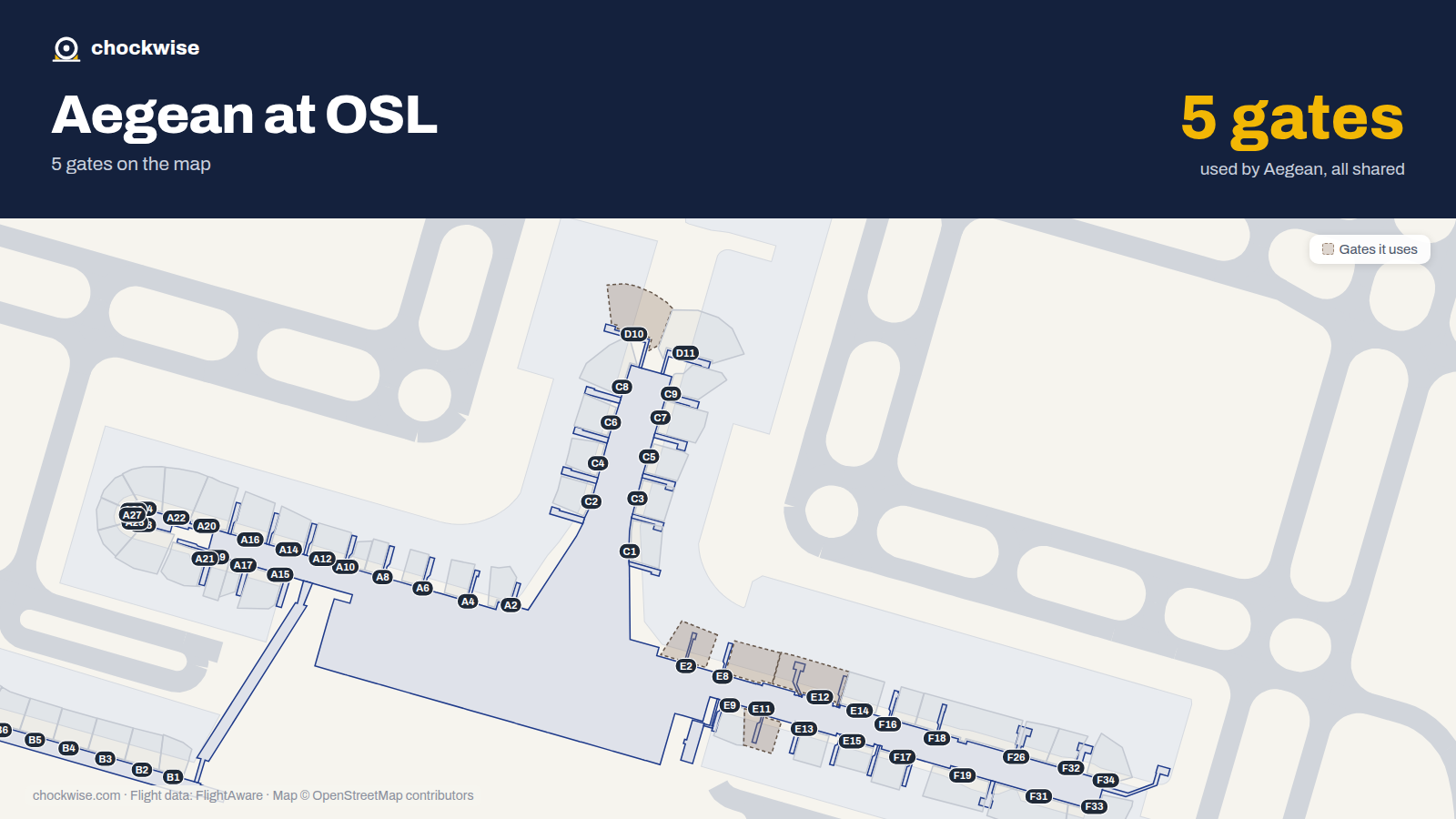 Map of OSL with the gates Aegean Airlines uses highlighted: E2, E8, D10, E11 and E12.