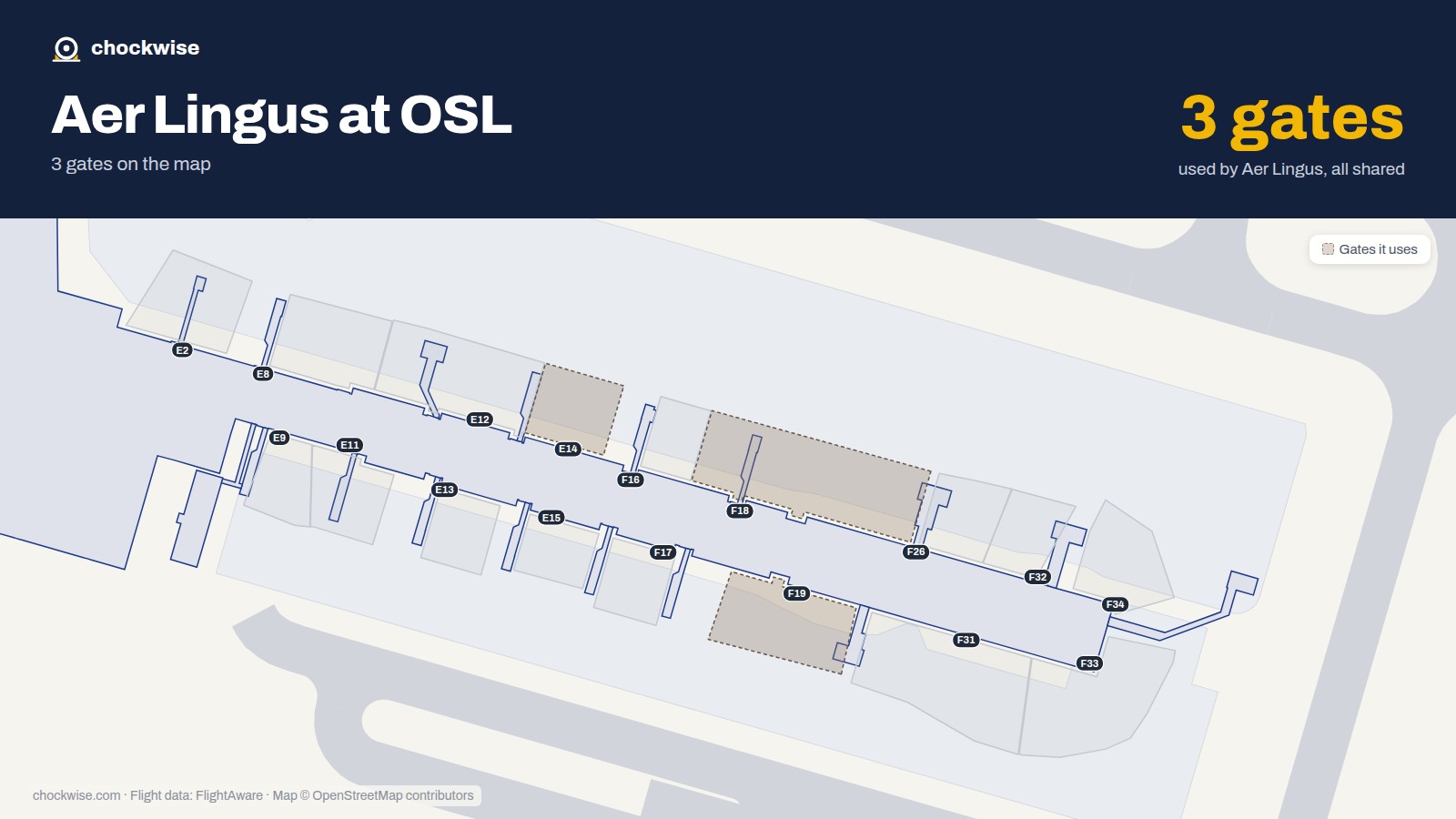 Map of OSL with the gates Aer Lingus uses highlighted: E14, F18 and F19.