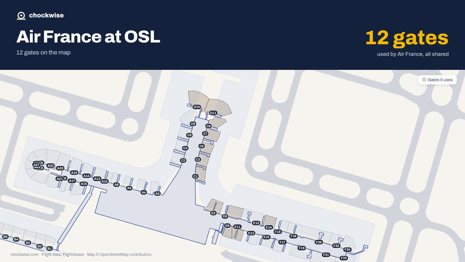 Map of OSL with the gates Air France uses highlighted: C1, E2, C3, C5, C7, E8, C9, E9 and 4 more.