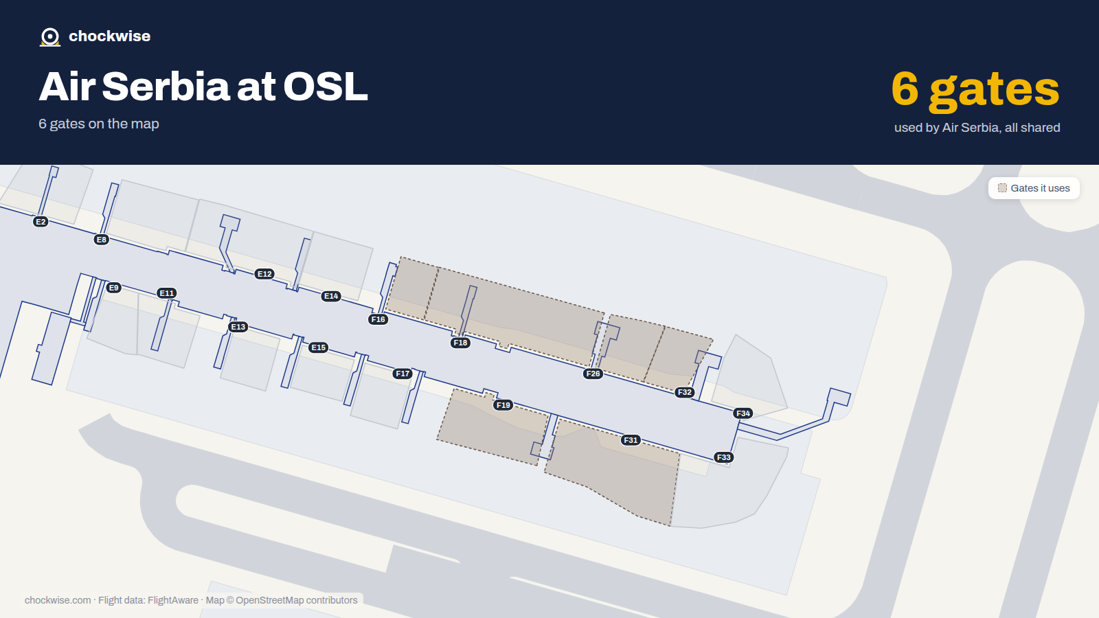 Map of OSL with the gates Air Serbia uses highlighted: F16, F18, F19, F26, F31 and F32.