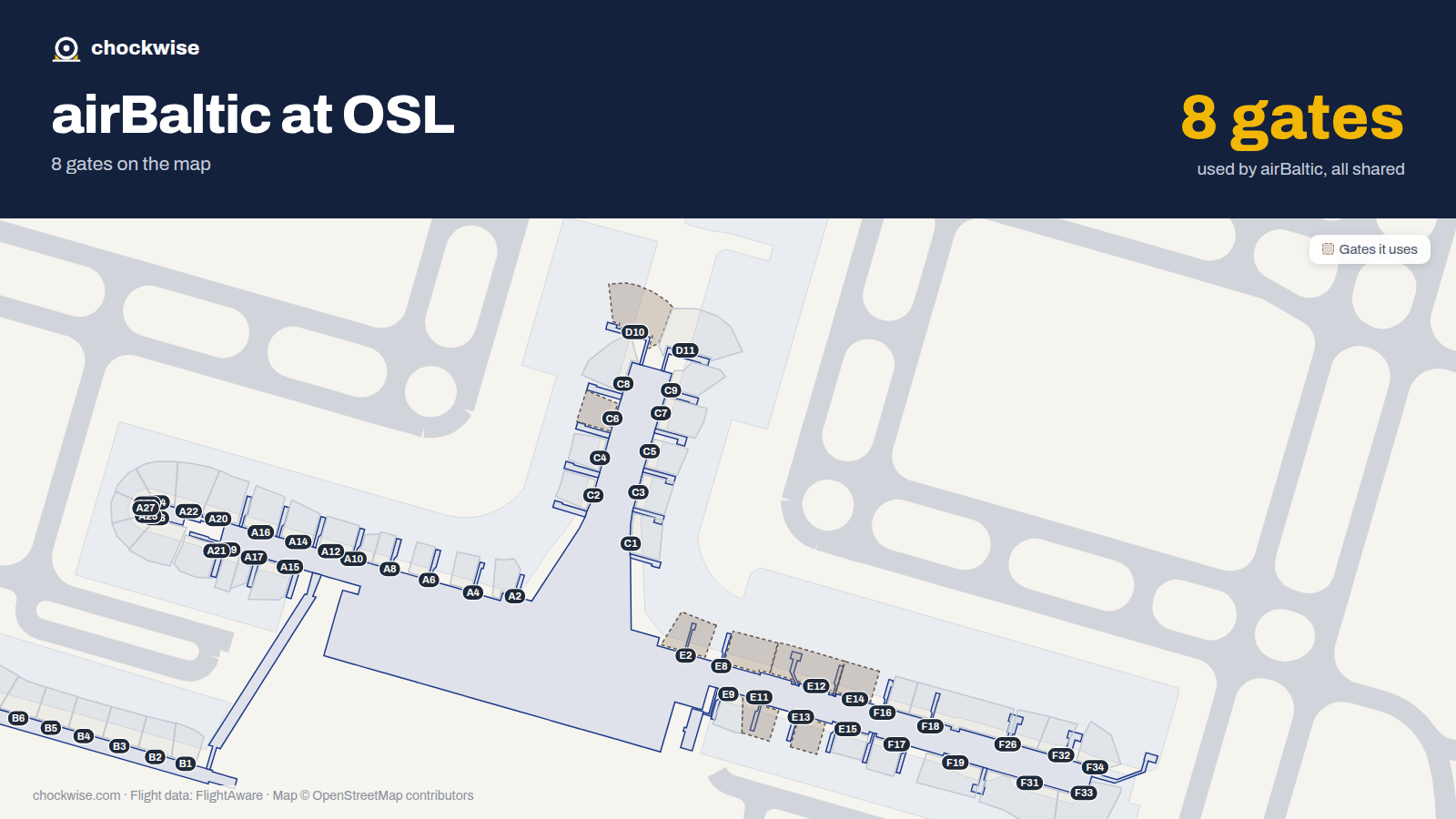 Map of OSL with the gates airBaltic uses highlighted: E2, C6, E8, D10, E11, E12, E13 and E14.