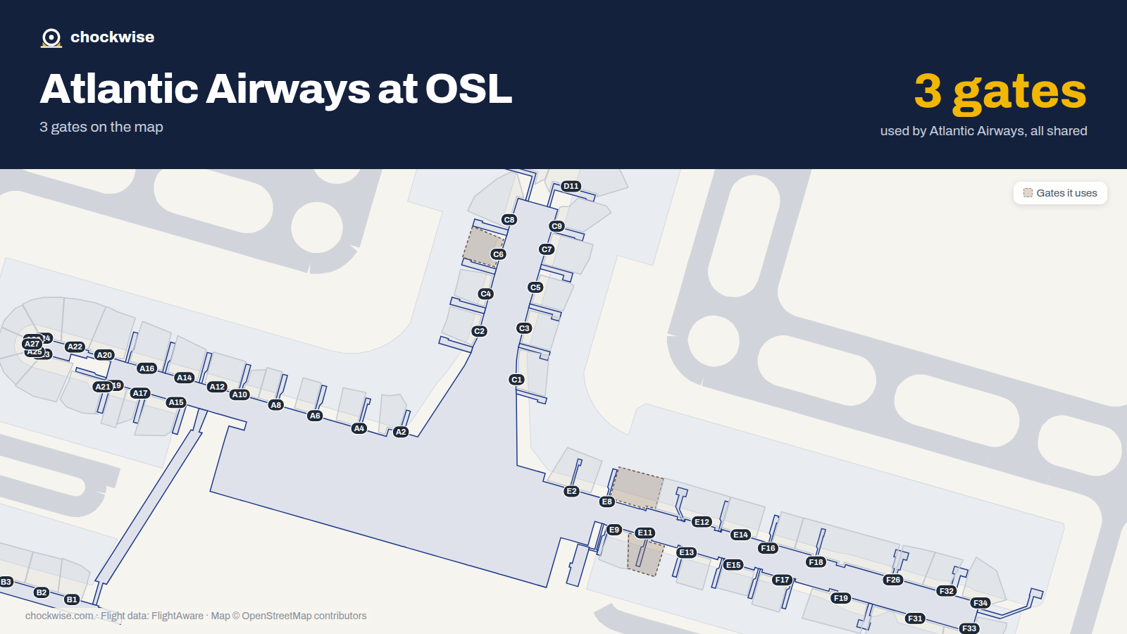 Map of OSL with the gates Atlantic Airways uses highlighted: C6, E8 and E11.