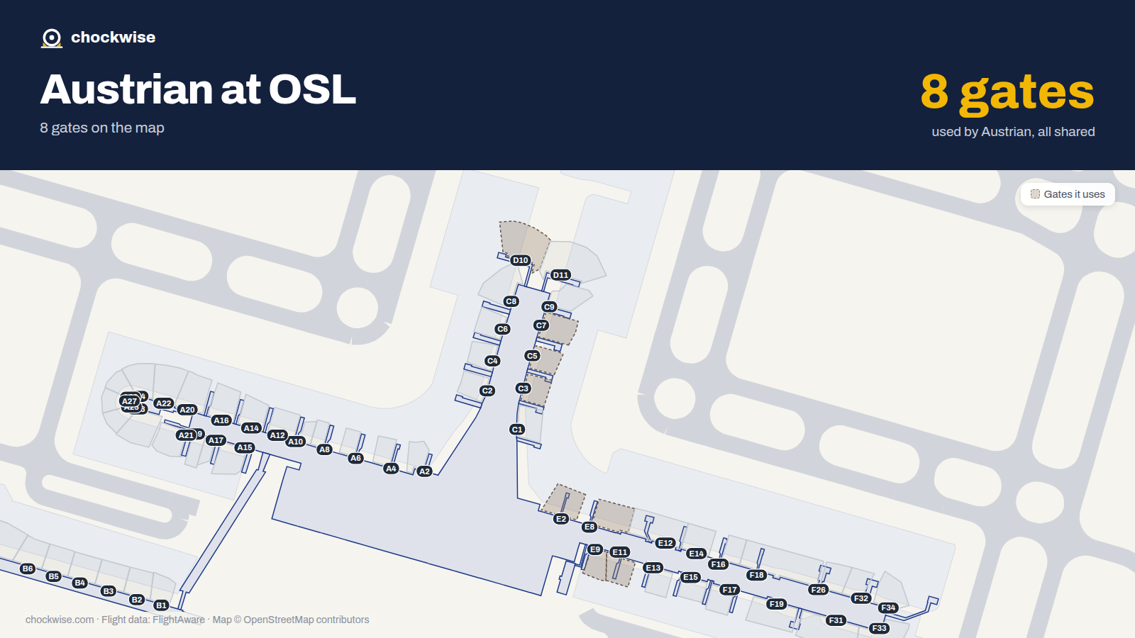 Map of OSL with the gates Austrian Airlines uses highlighted: E2, C3, C5, C7, E8, E9, D10 and E11.