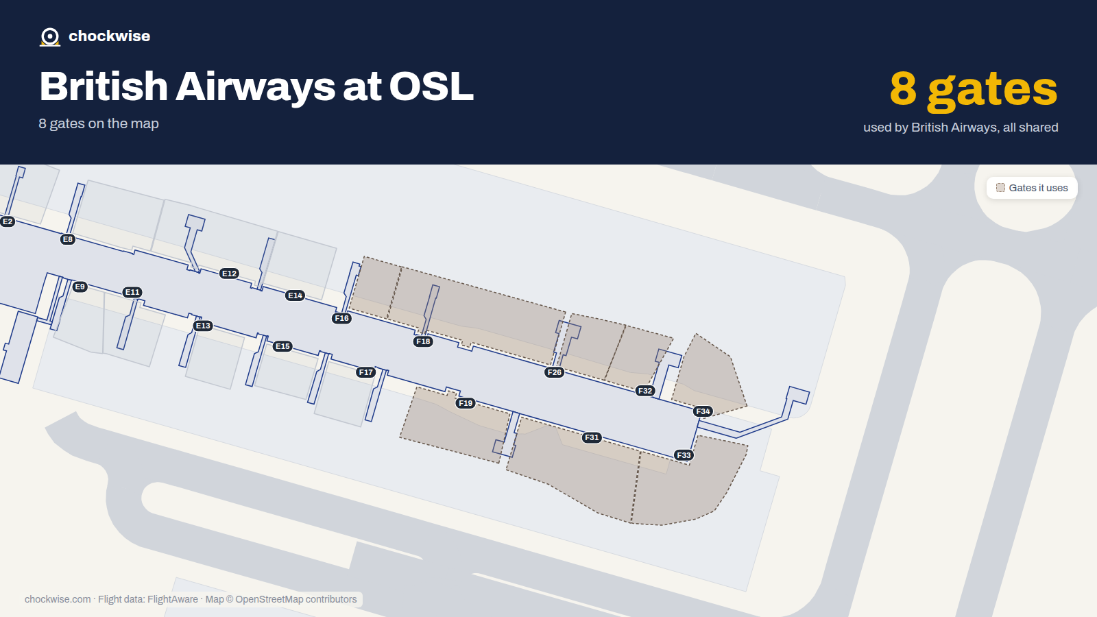 Map of OSL with the gates British Airways uses highlighted: F16, F18, F19, F26, F31, F32, F33 and F34.