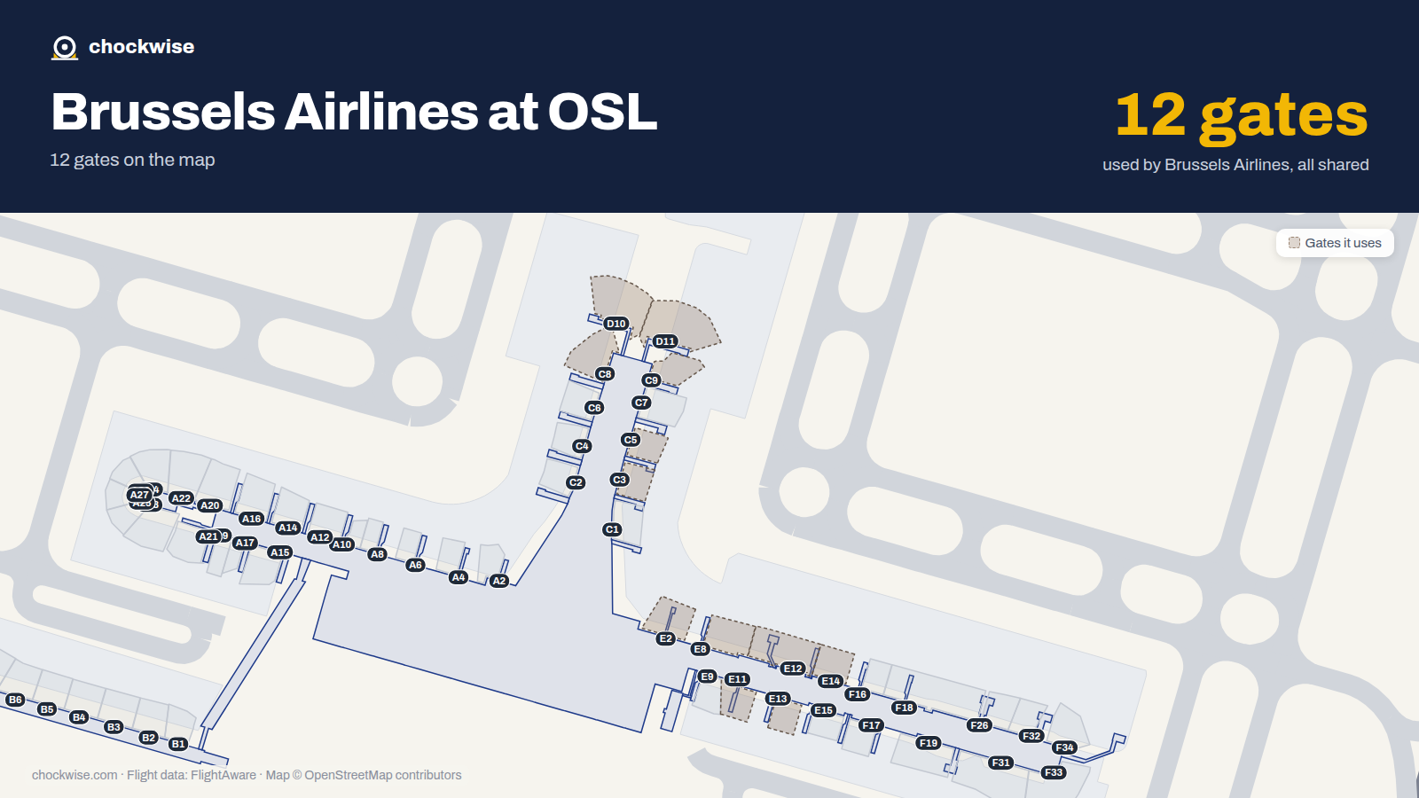Map of OSL with the gates Brussels Airlines uses highlighted: E2, C3, C5, C8, E8, C9, D10, D11 and 4 more.