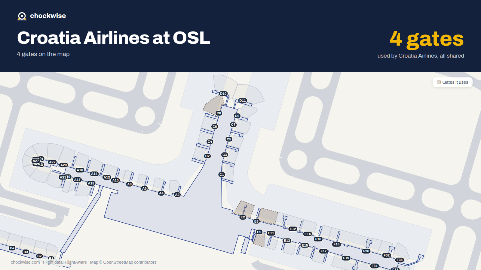 Map of OSL with the gates Croatia Airlines uses highlighted: E2, C8, E8 and E9.