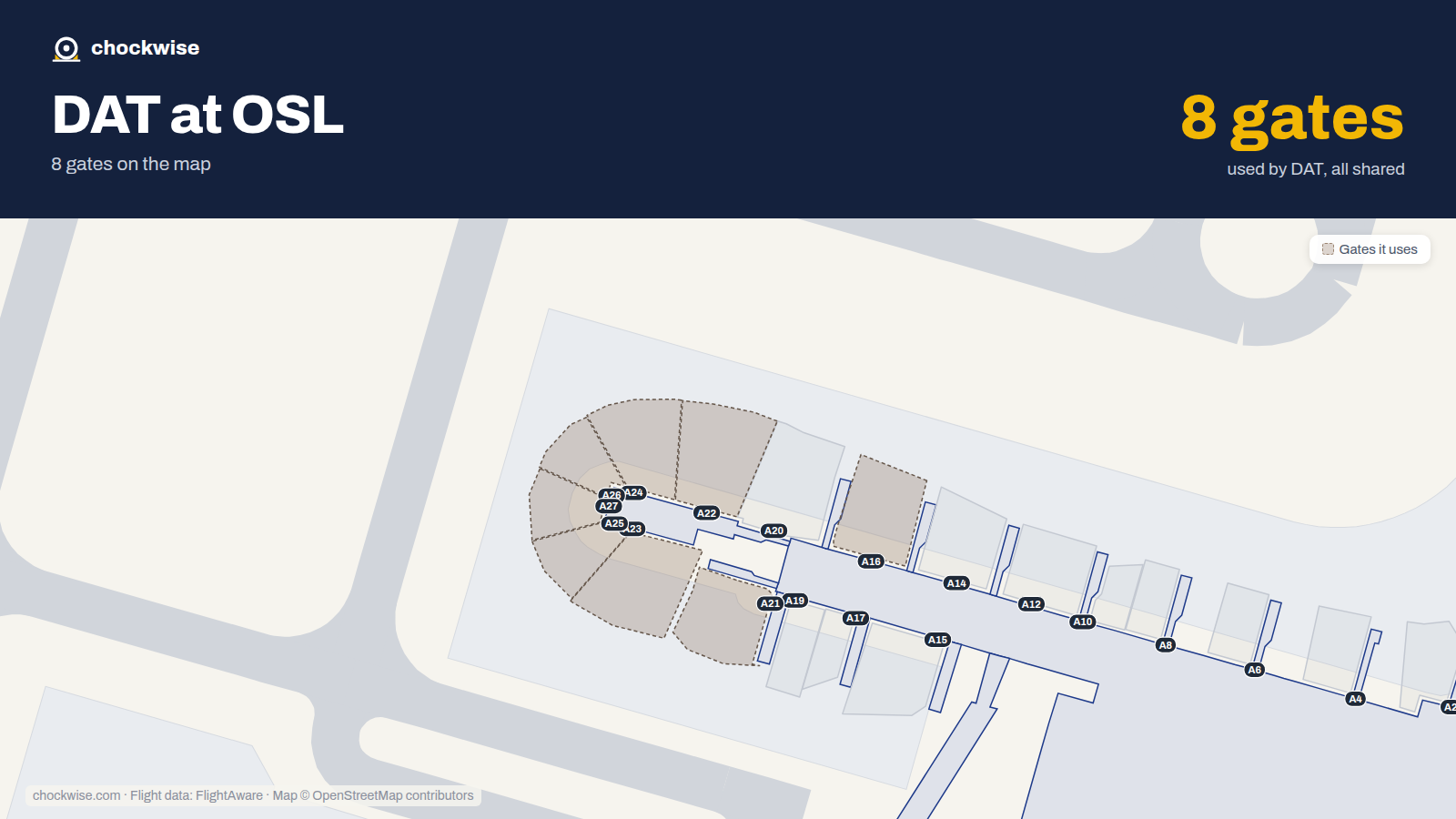 Map of OSL with the gates DAT (Danish Air Transport) uses highlighted: A16, A21, A22, A23, A24, A25, A26 and A27.