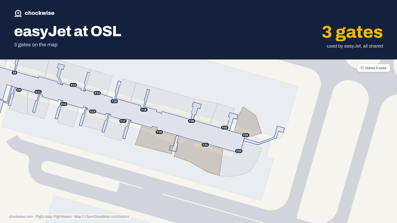 Map of OSL with the gates easyJet uses highlighted: F19, F31 and F34.