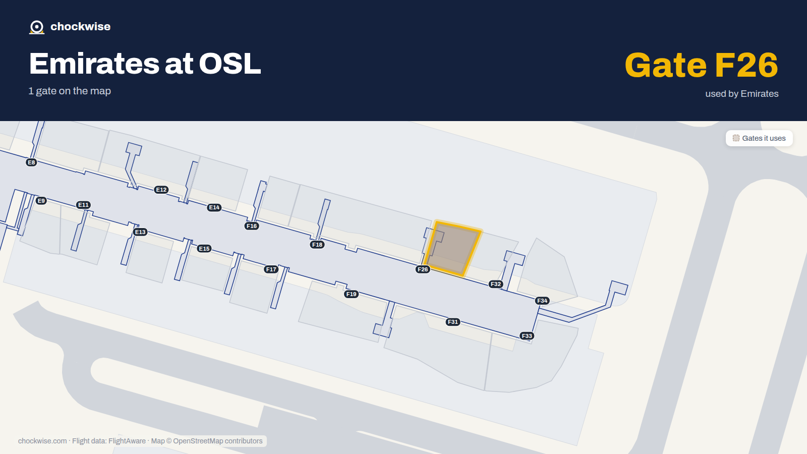 Map of OSL with the gates Emirates uses highlighted: F26.
