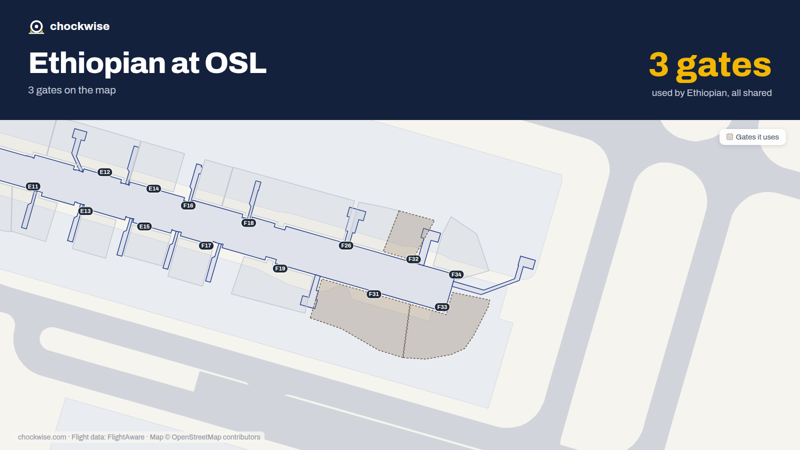 Map of OSL with the gates Ethiopian Airlines uses highlighted: F31, F32 and F33.