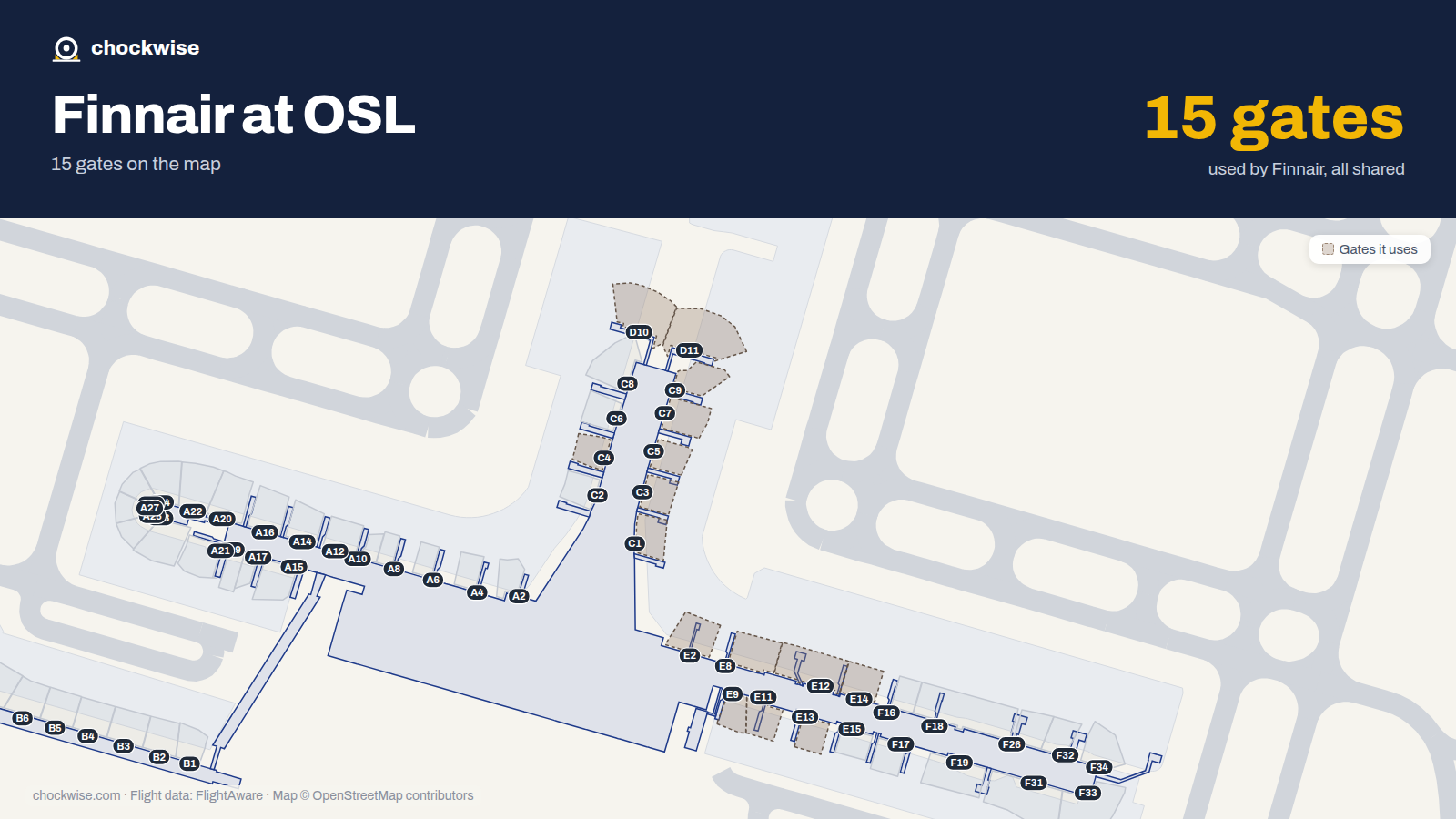 Map of OSL with the gates Finnair uses highlighted: C1, E2, C3, C4, C5, C7, E8, C9 and 7 more.