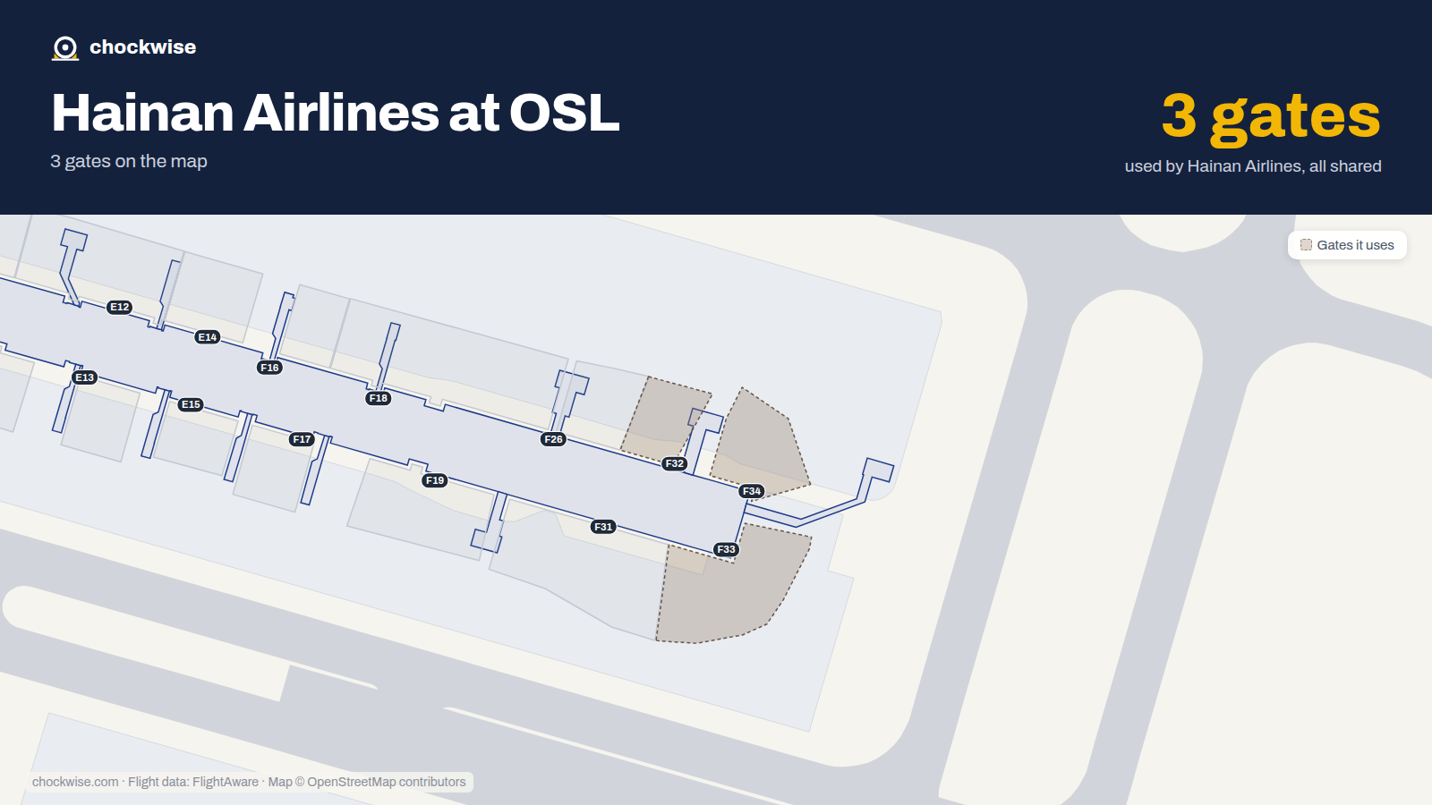 Map of OSL with the gates Hainan Airlines uses highlighted: F32, F33 and F34.