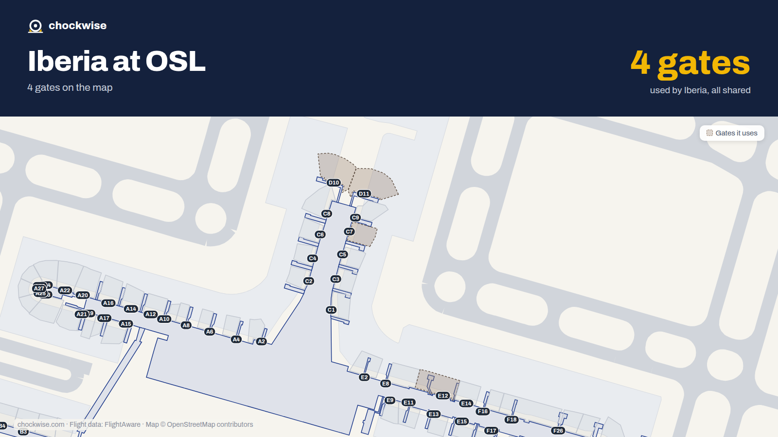 Map of OSL with the gates Iberia uses highlighted: C7, D10, D11 and E12.
