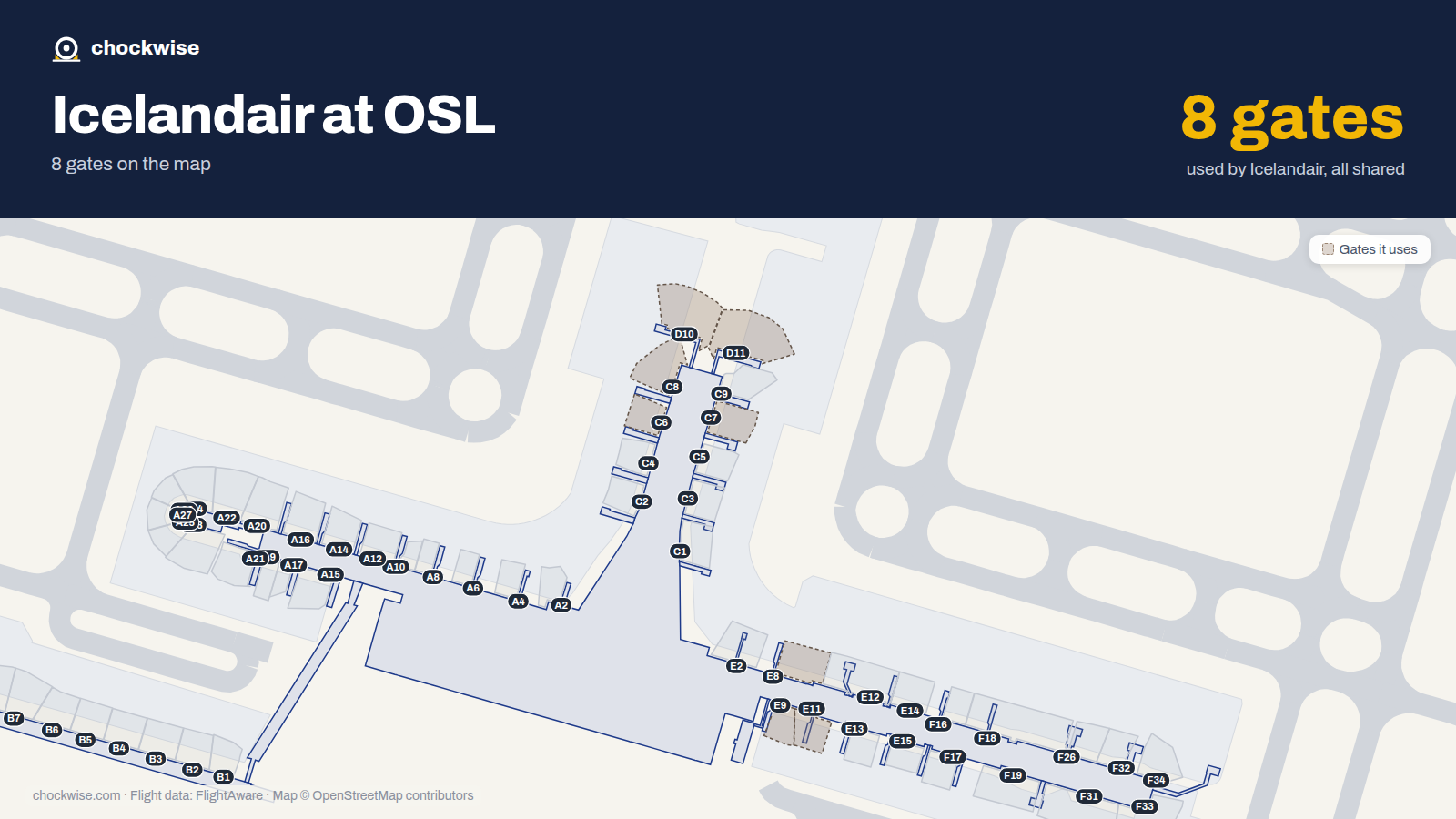Map of OSL with the gates Icelandair uses highlighted: C6, C7, C8, E8, E9, D10, D11 and E11.