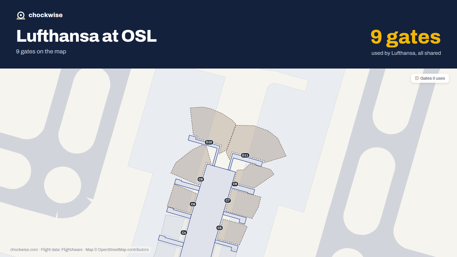 Map of OSL with the gates Lufthansa uses highlighted: E2, C5, C6, C7, C8, C9, D10, D11 and 1 more.