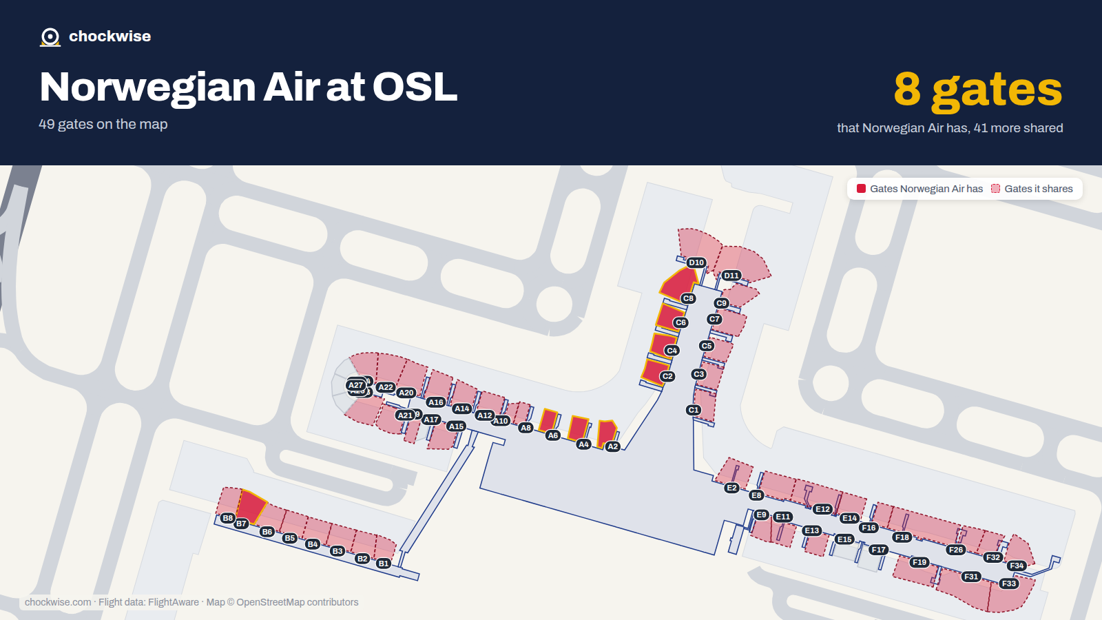 Map of OSL with the gates Norwegian Air Shuttle uses highlighted: A2, C2, A4, C4, A6, C6, B7 and C8.