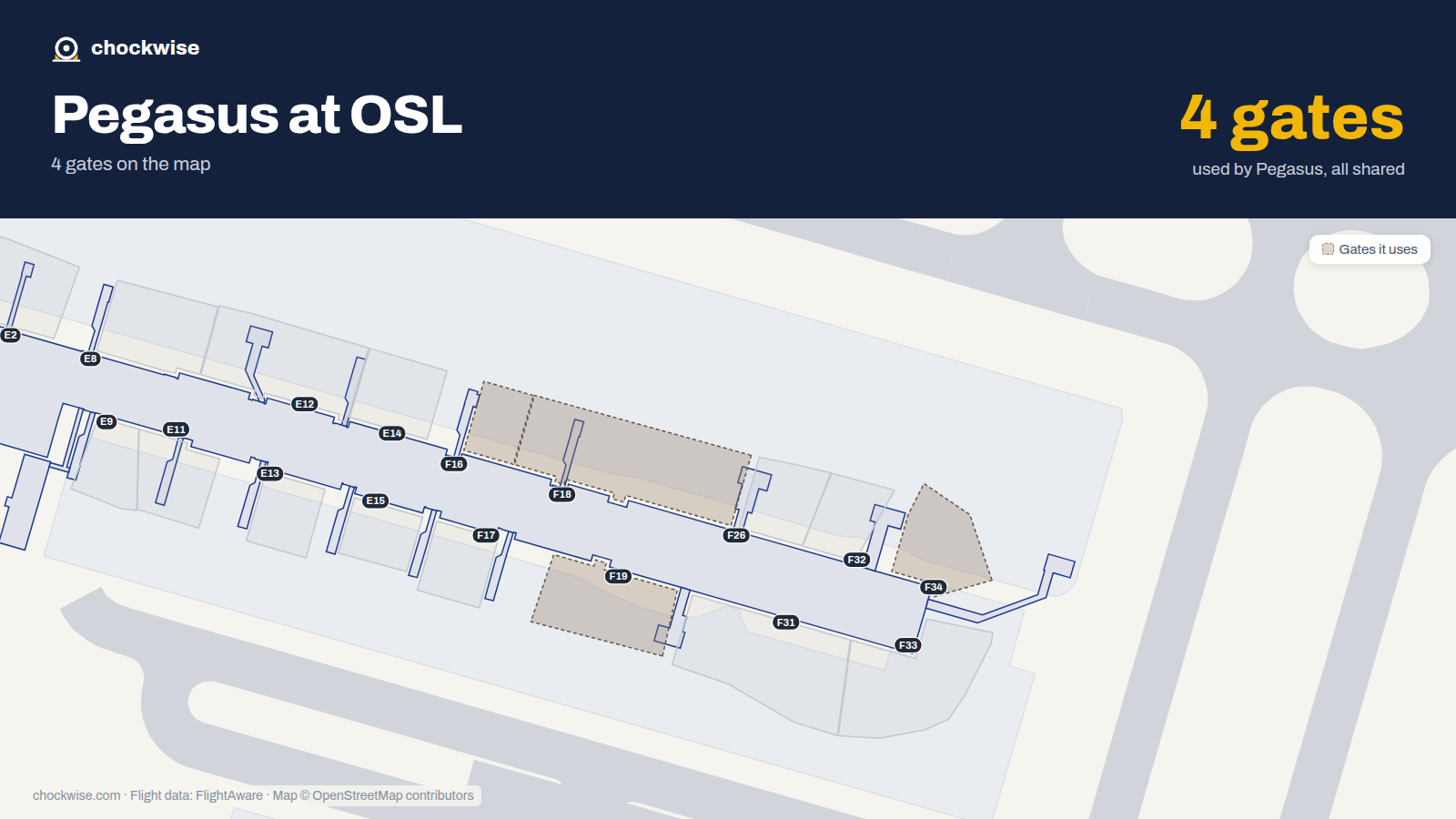 Map of OSL with the gates Pegasus Airlines uses highlighted: F16, F18, F19 and F34.