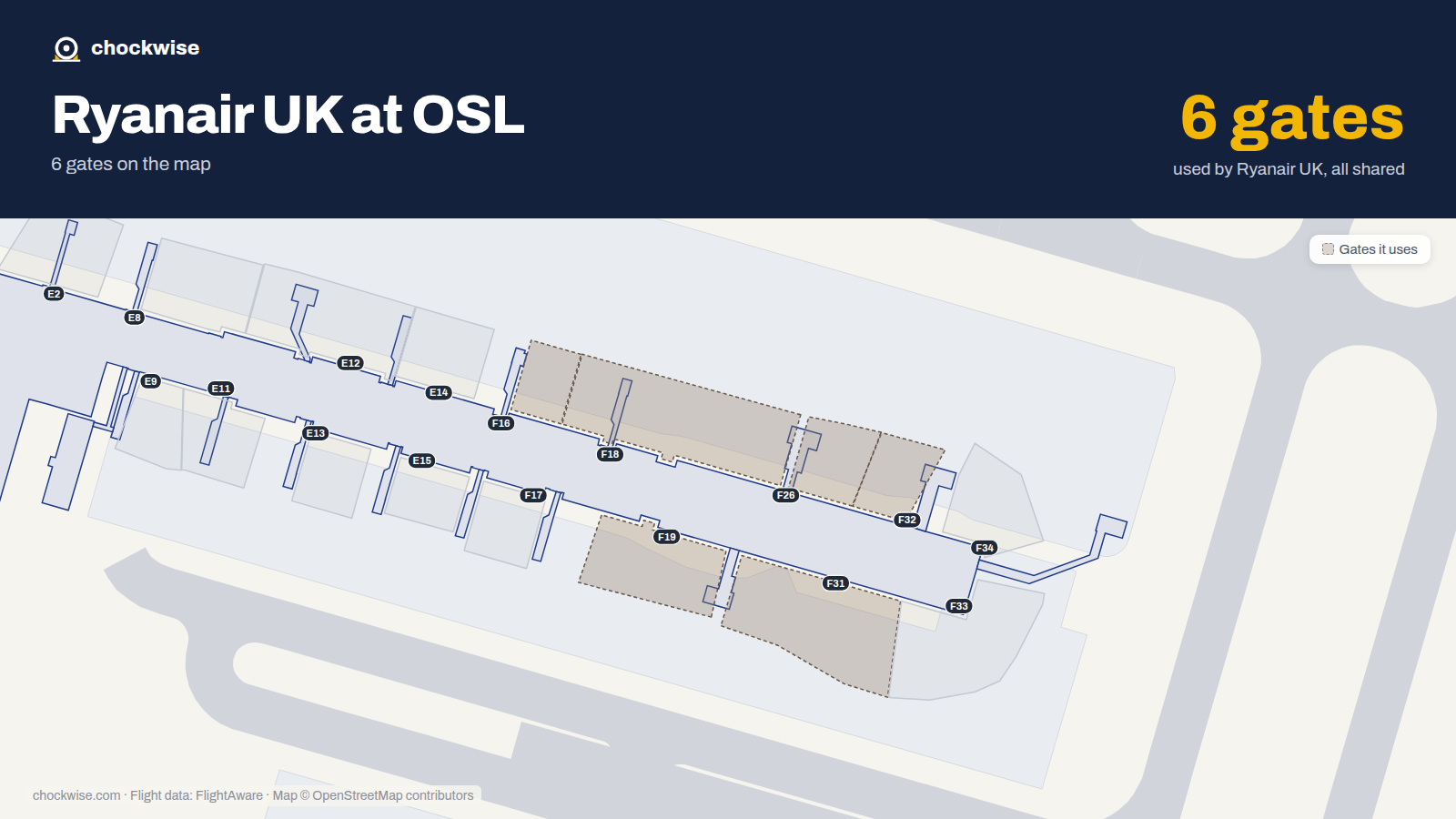 Map of OSL with the gates Ryanair UK uses highlighted: F16, F18, F19, F26, F31 and F32.