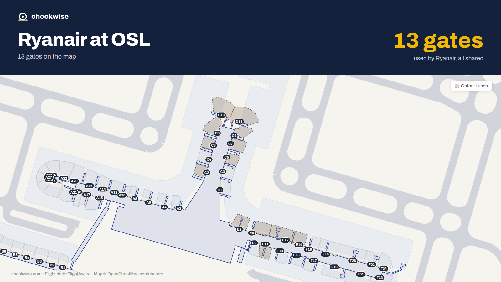 Map of OSL with the gates Ryanair uses highlighted: C2, E2, C5, C6, C7, C8, E8, C9 and 5 more.
