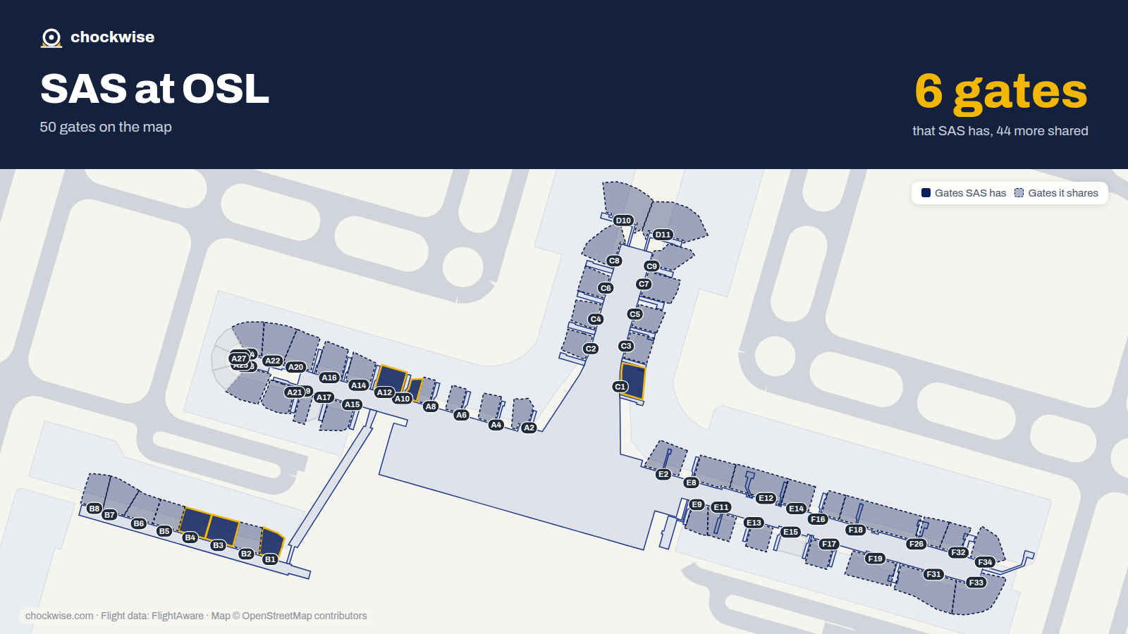 Map of OSL with the gates SAS Scandinavian Airlines uses highlighted: B1, C1, B3, B4, A10 and A12.