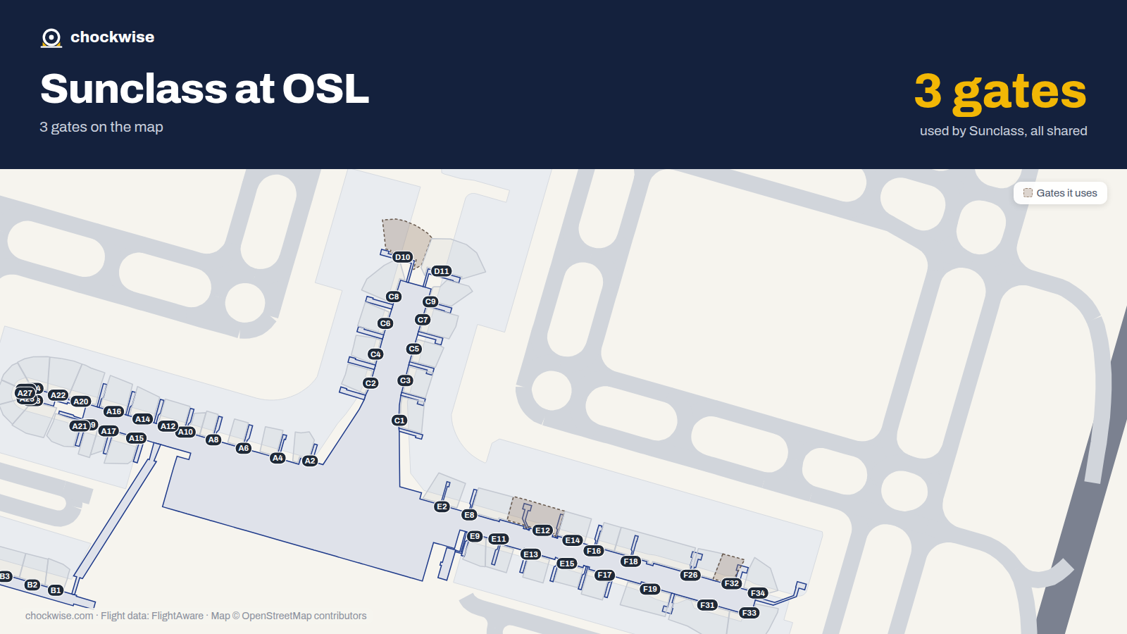 Map of OSL with the gates Sunclass Airlines uses highlighted: D10, E12 and F32.