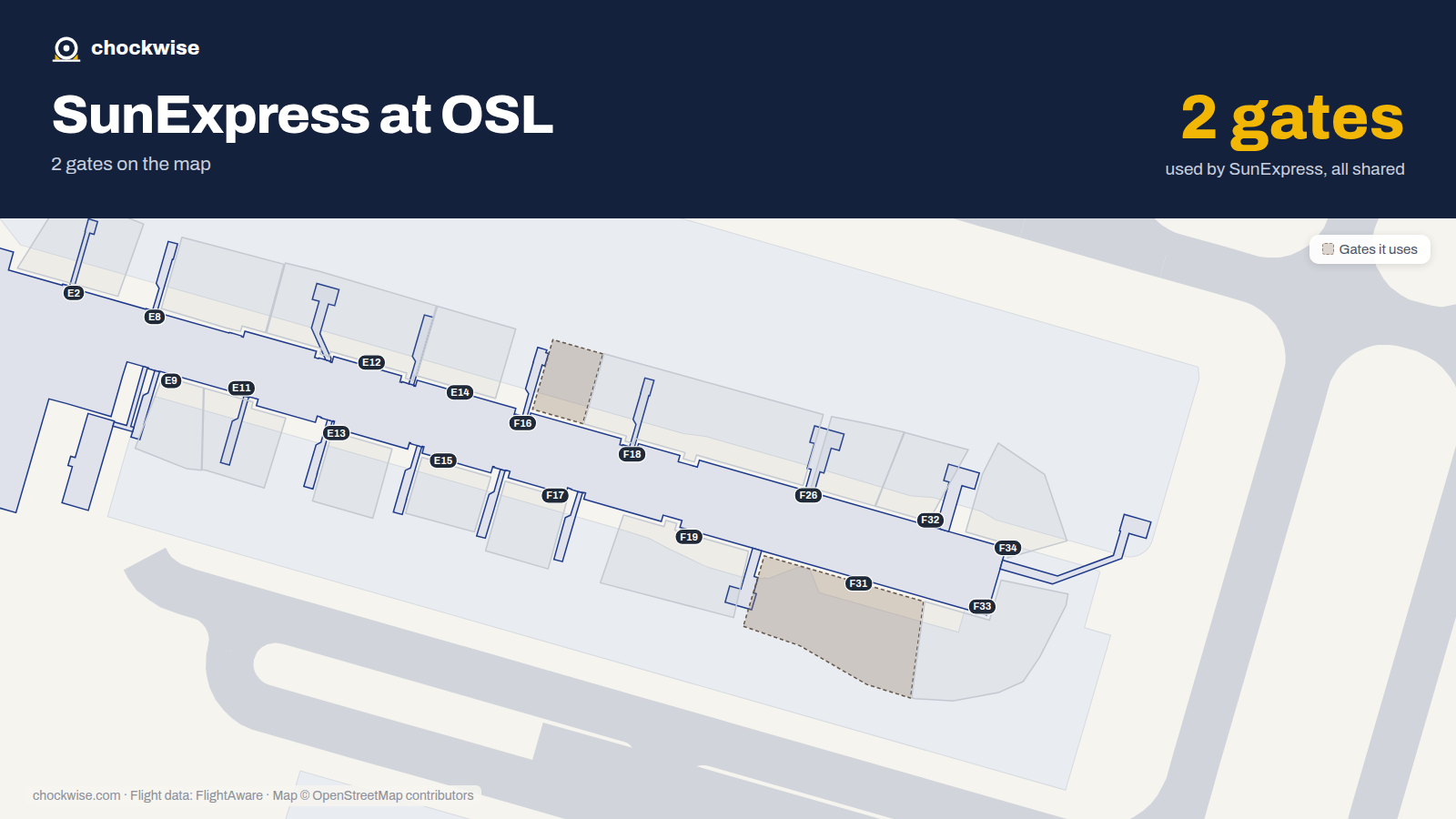 Map of OSL with the gates SunExpress uses highlighted: F16 and F31.