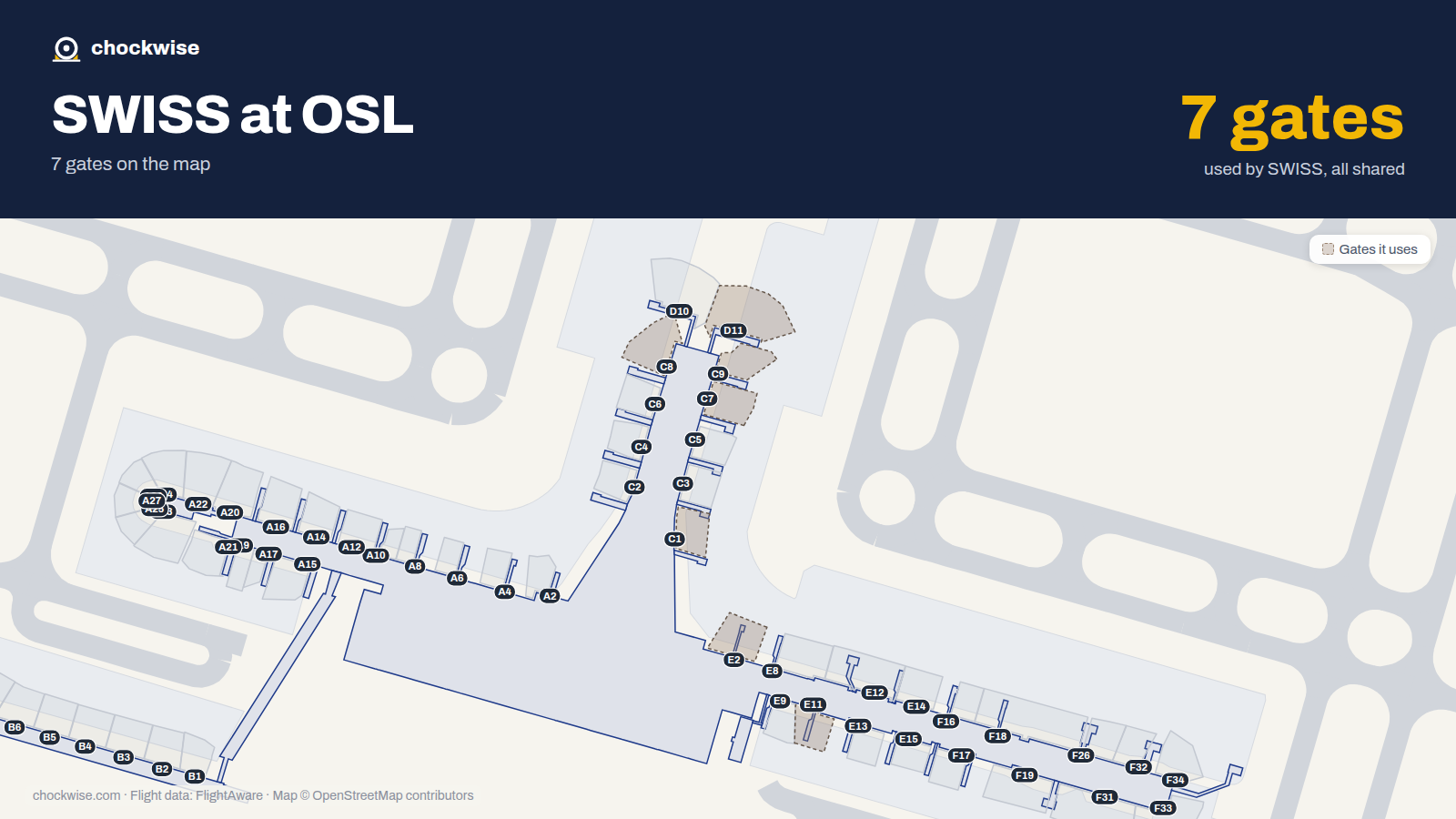 Map of OSL with the gates SWISS uses highlighted: C1, E2, C7, C8, C9, D11 and E11.