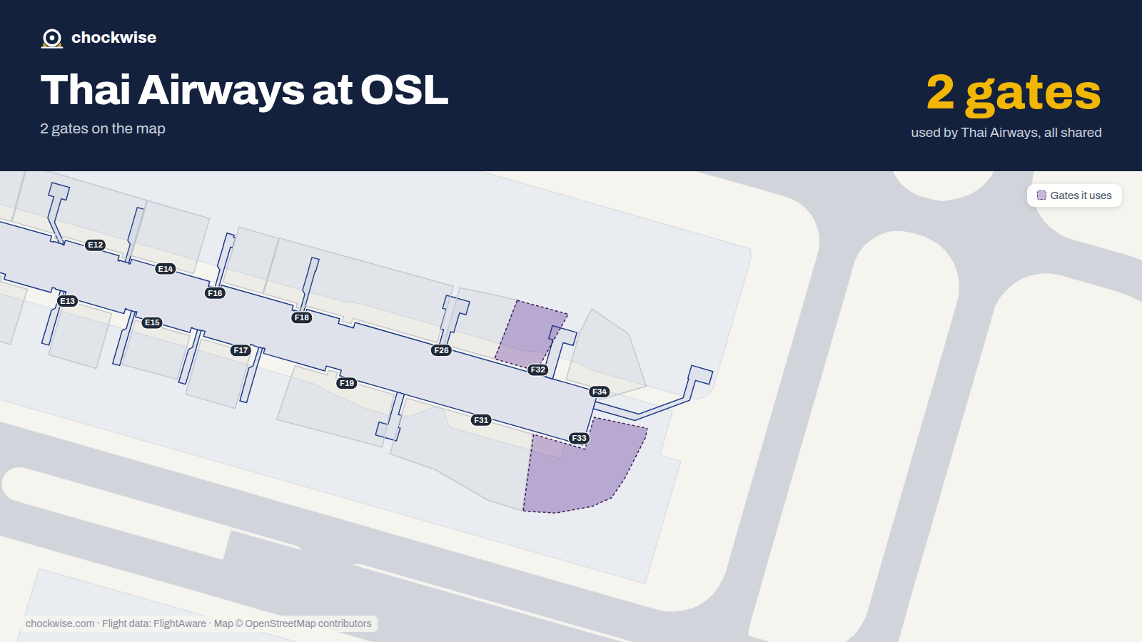 Map of OSL with the gates Thai Airways uses highlighted: F32 and F33.