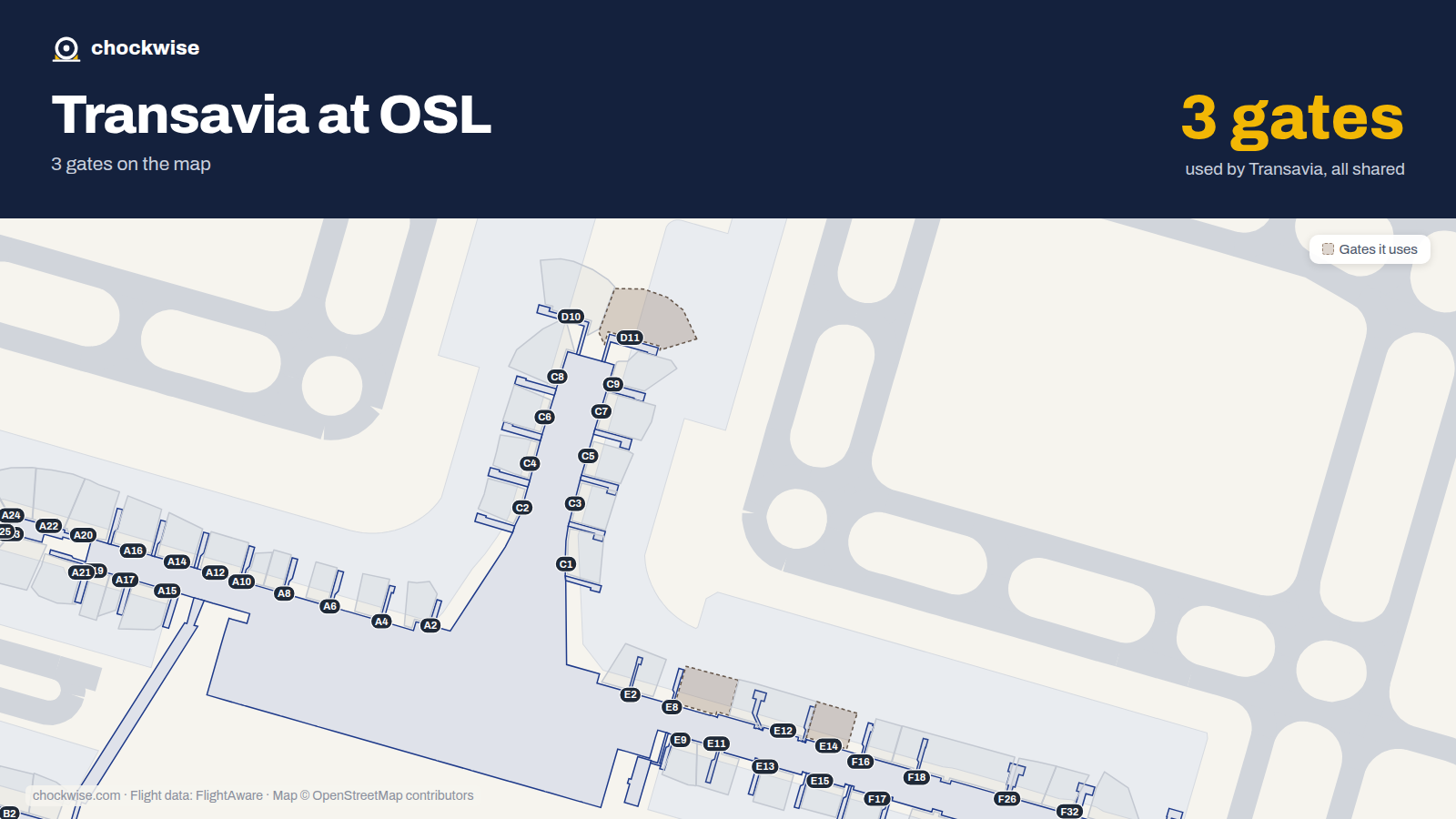 Map of OSL with the gates Transavia France uses highlighted: E8, D11 and E14.