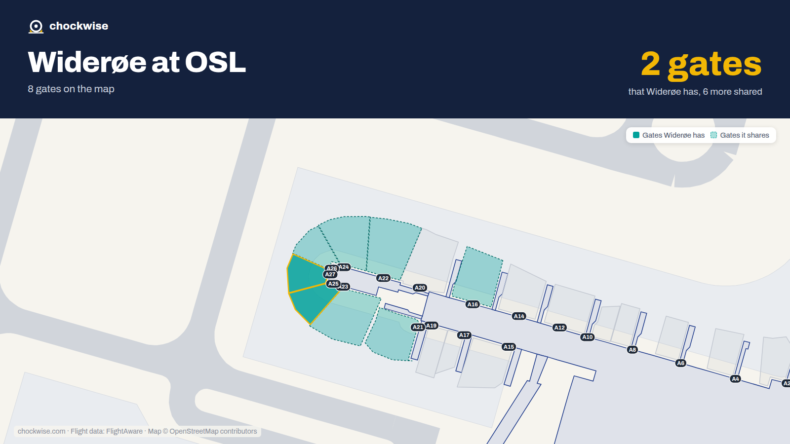Map of OSL with the gates Widerøe uses highlighted: A25 and A27.