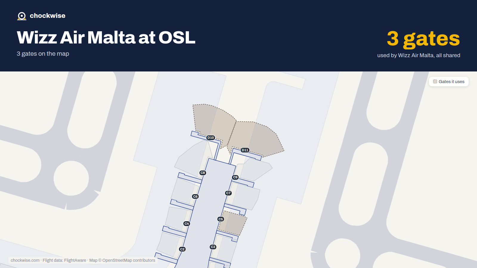 Map of OSL with the gates Wizz Air Malta uses highlighted: C5, D10 and D11.
