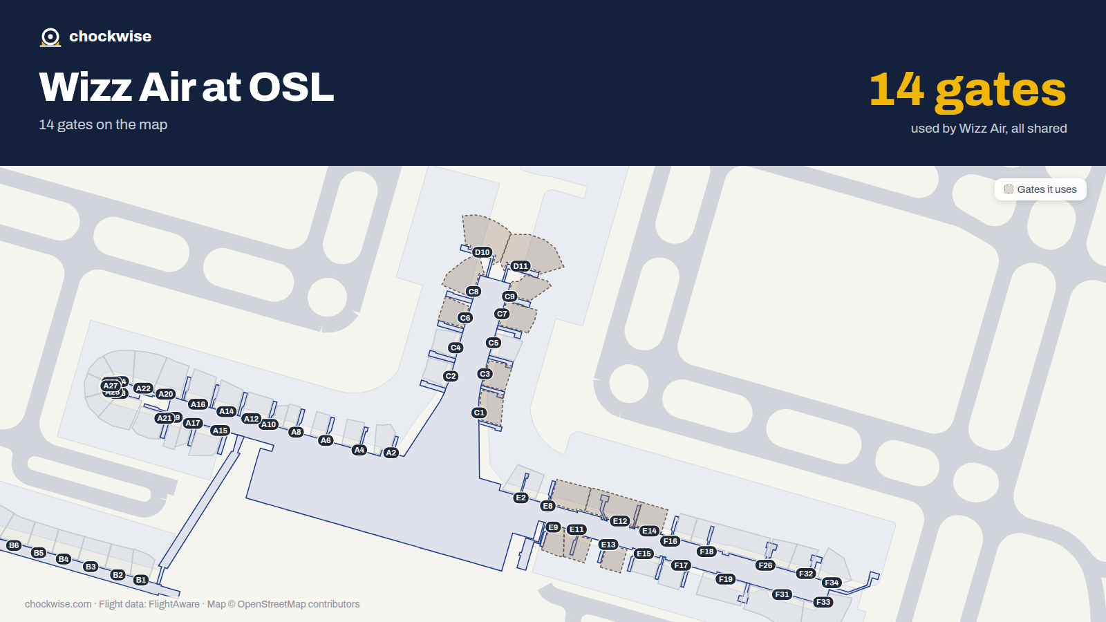 Map of OSL with the gates Wizz Air uses highlighted: C1, C3, C6, C7, C8, E8, C9, E9 and 6 more.