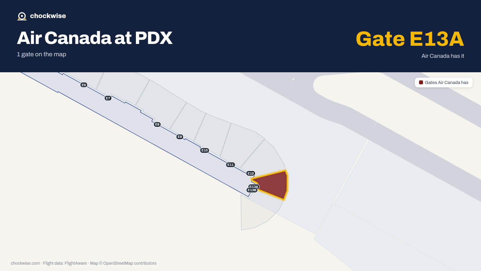Map of PDX with the gates Air Canada uses highlighted: E13A.