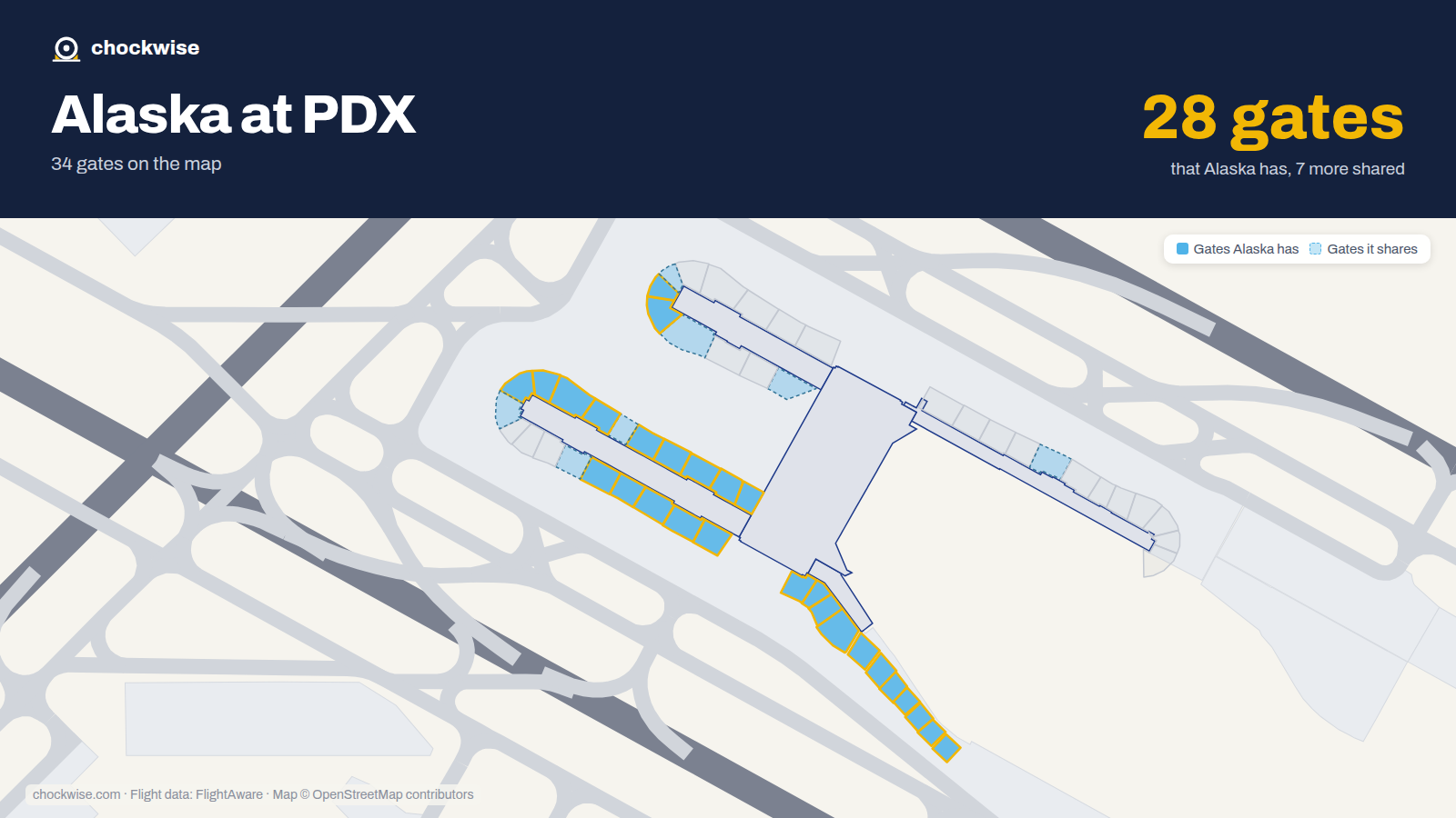 Map of PDX with the gates Alaska Airlines uses highlighted: B1, B2, B3, B4, C4, B5, C5, B6 and 19 more.