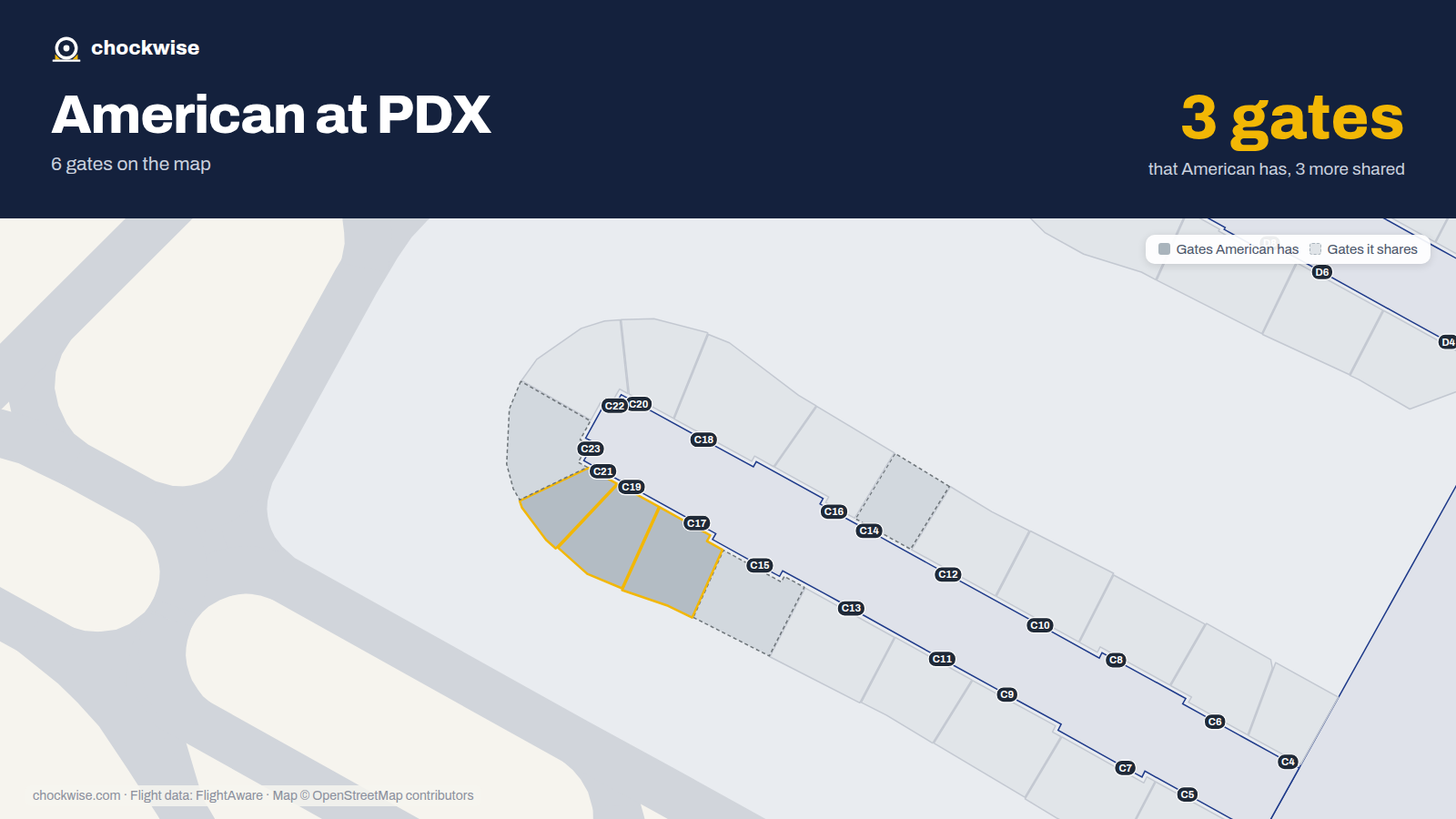 Map of PDX with the gates American Airlines uses highlighted: C17, C19 and C21.