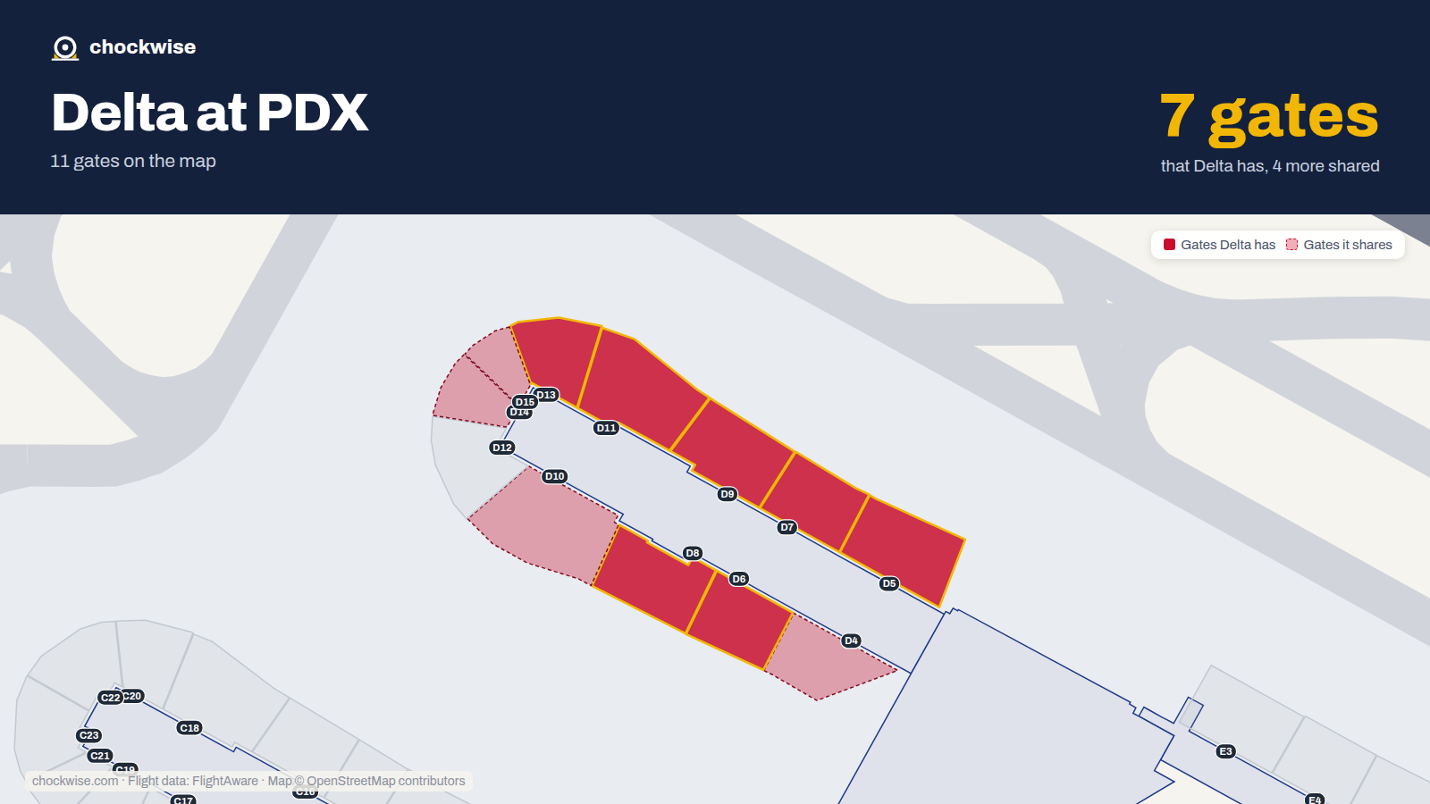 Map of PDX with the gates Delta Air Lines uses highlighted: D5, D6, D7, D8, D9, D11 and D13.