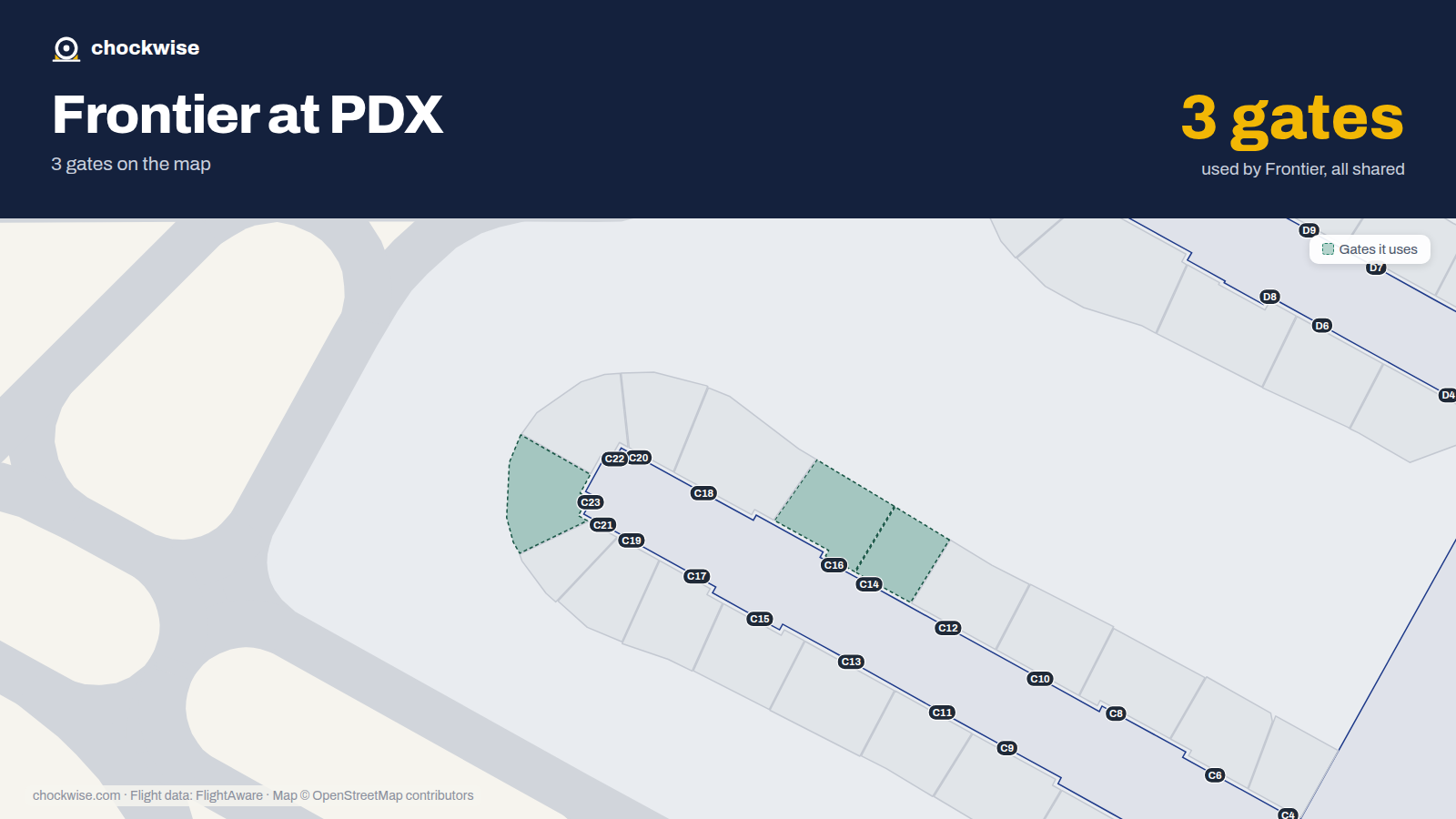 Map of PDX with the gates Frontier Airlines uses highlighted: C14, C16 and C23.