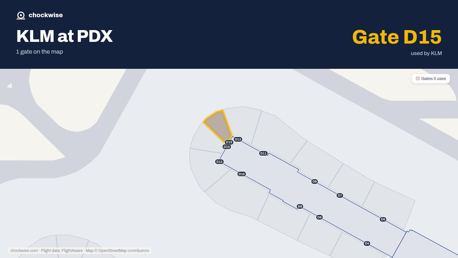 Map of PDX with the gates KLM uses highlighted: D15.