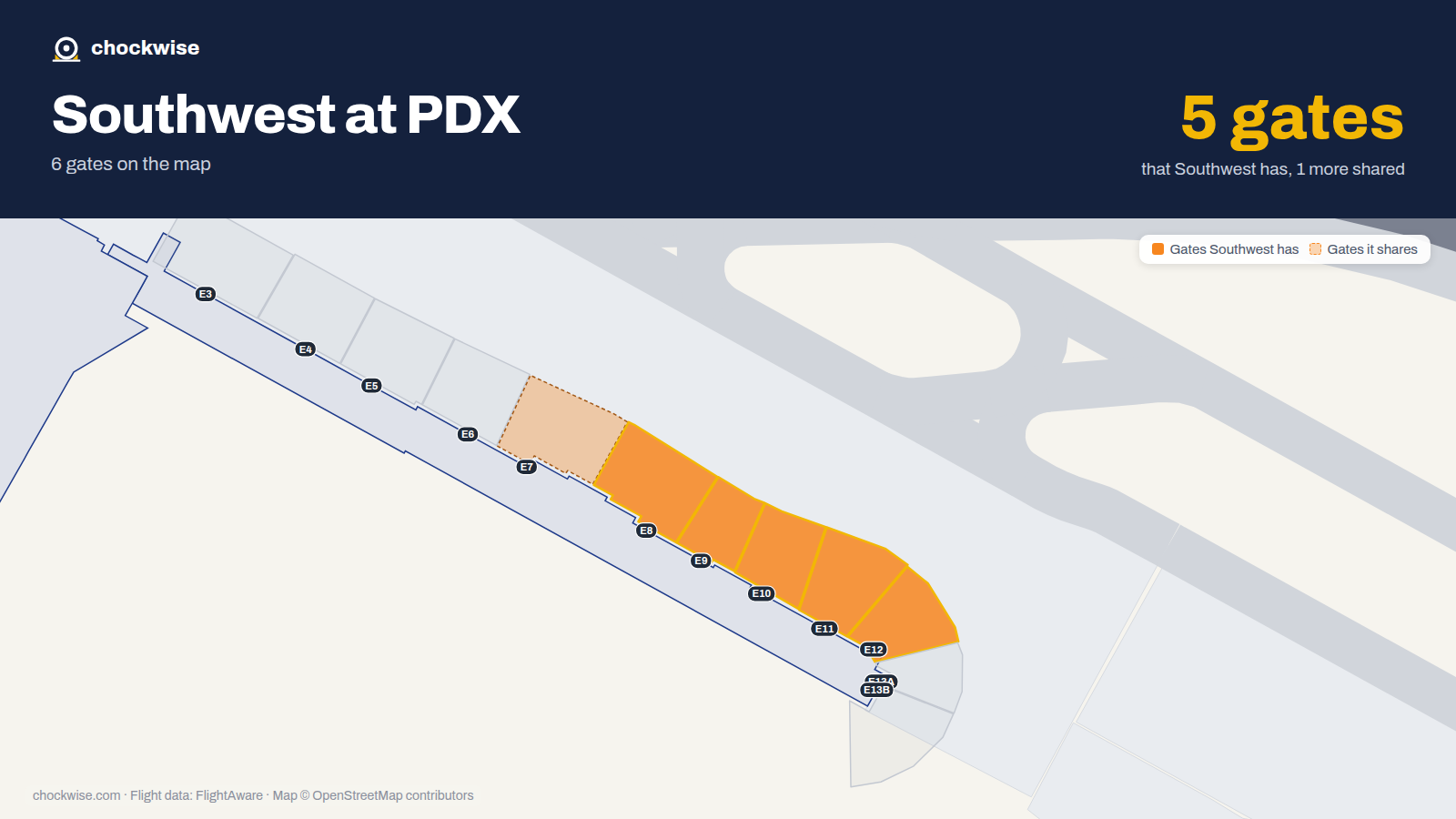 Map of PDX with the gates Southwest Airlines uses highlighted: E8, E9, E10, E11 and E12.