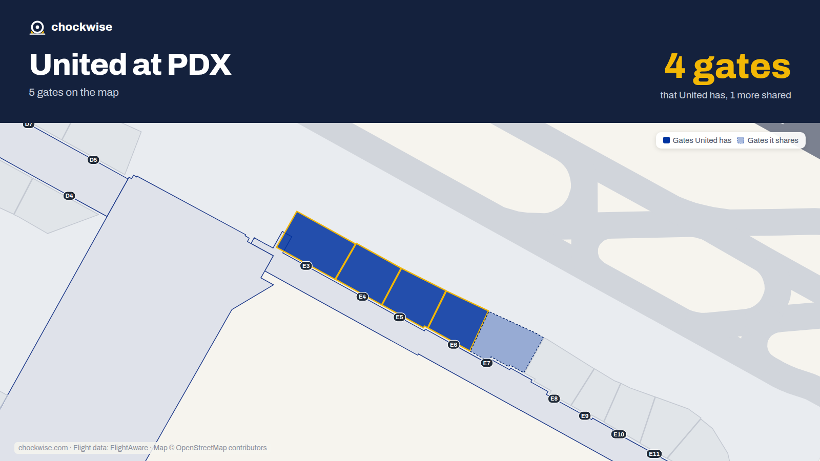 Map of PDX with the gates United Airlines uses highlighted: E3, E4, E5 and E6.