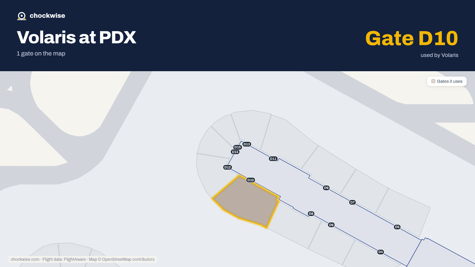 Map of PDX with the gates Volaris uses highlighted: D10.
