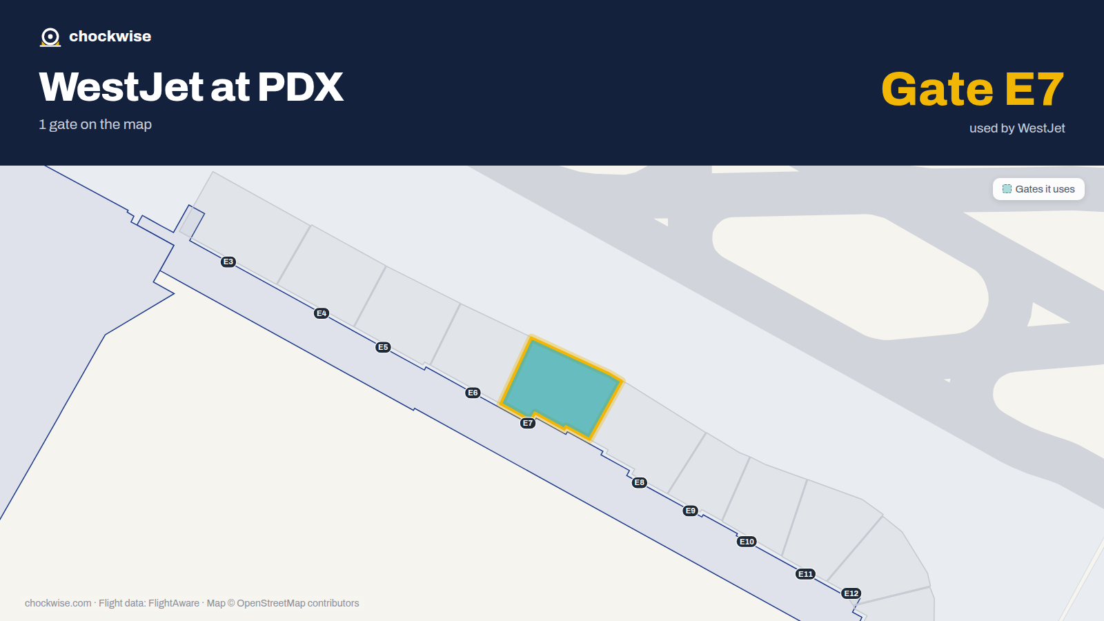 Map of PDX with the gates WestJet uses highlighted: E7.